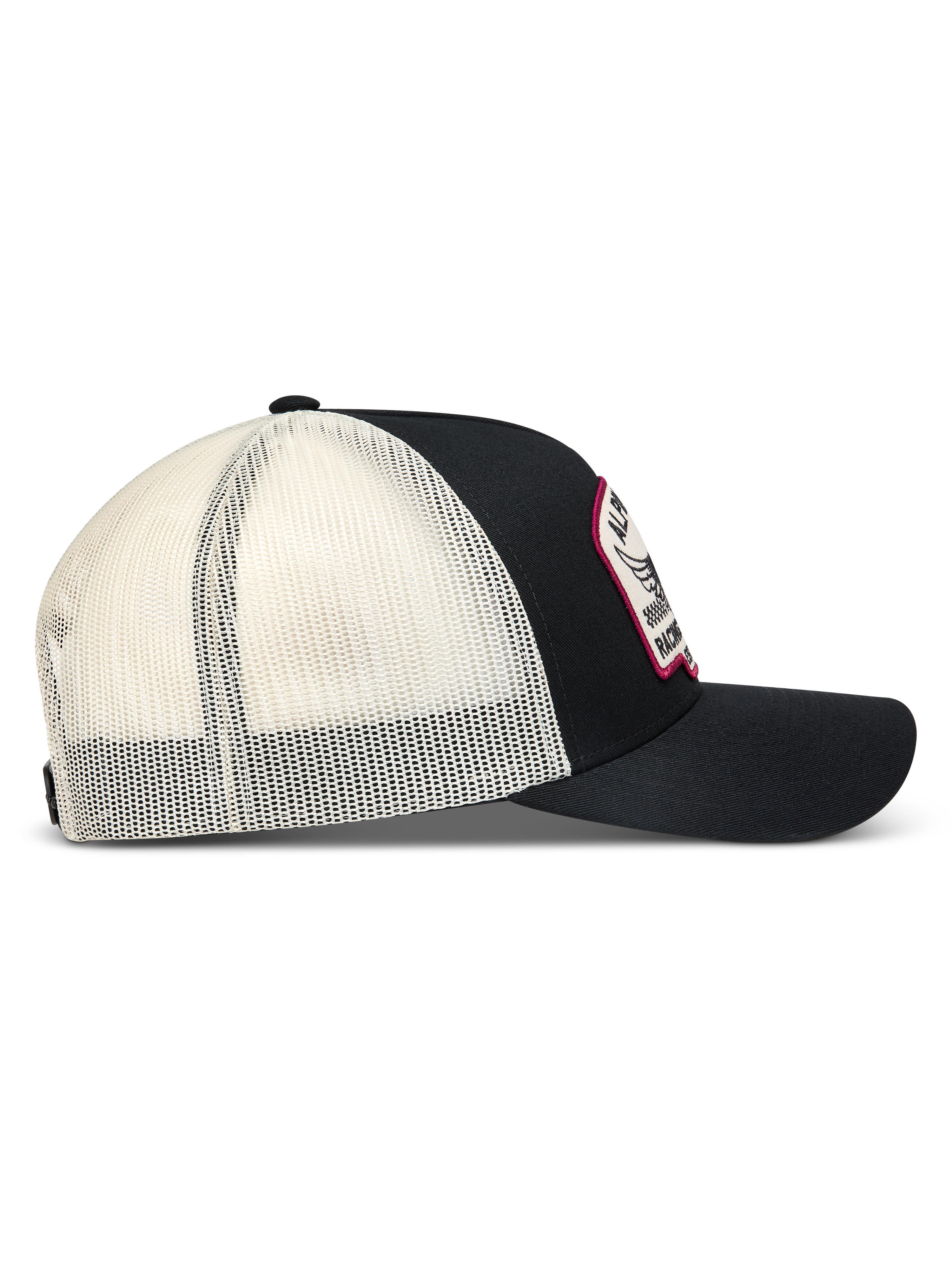 Alpinestars Heritage Patch Trucker-Mütze, Sportkappe in Schwarz und Weiß, Mesh-Rückseite, gebogener Schirm und Logo-Patch.