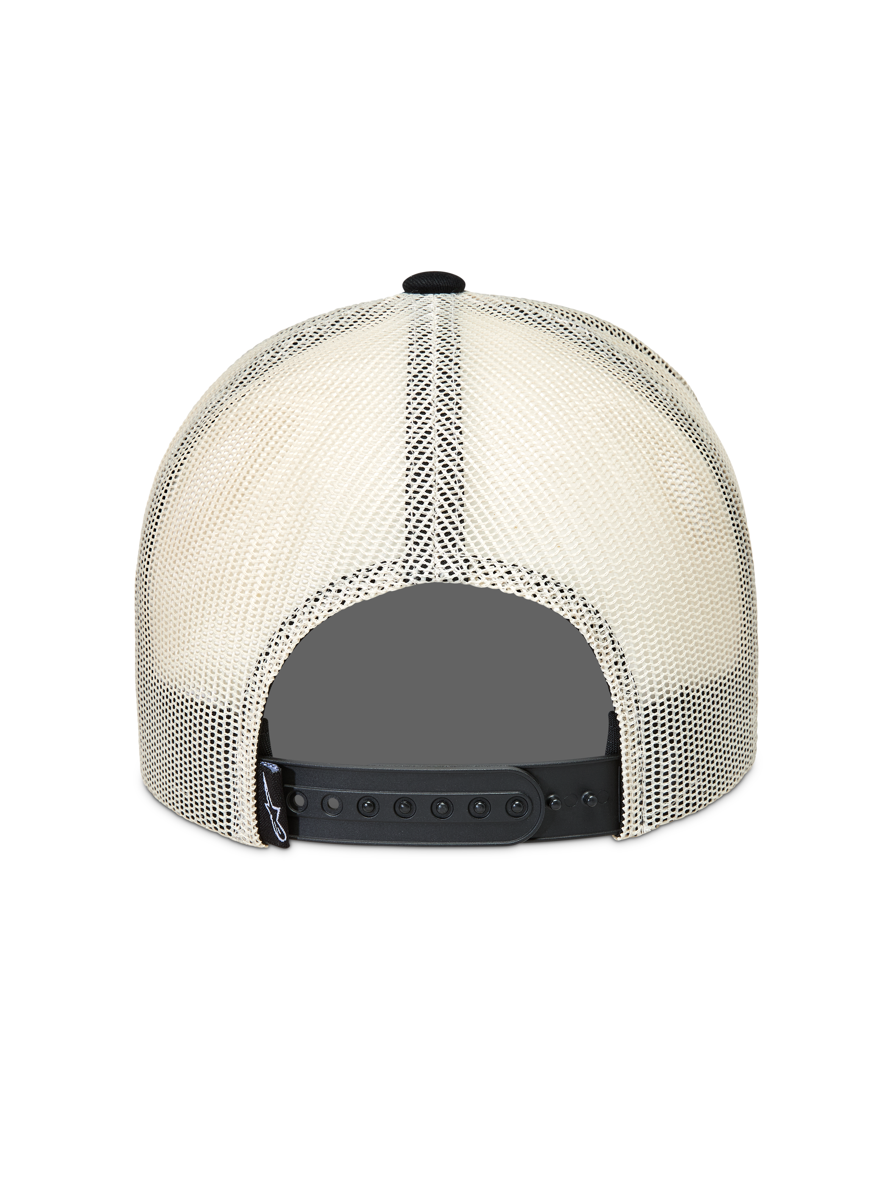 Alpinestars Heritage Patch Trucker-Mütze, Rückansicht in Natur und Schwarz, atmungsaktives Mesh-Gewebe und Snapback-Verschluss.