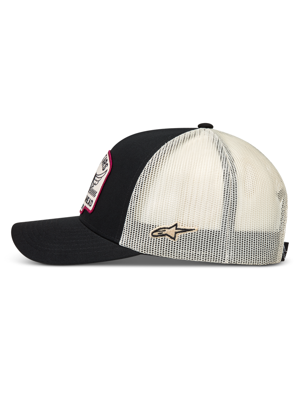 Alpinestars Heritage Patch Trucker-Mütze, Sportswear Snapback, Schwarz und Natur, Seitenansicht mit weißem Mesh-Gewebe und Ageless-Logo-Patch, strukturierte Krone mit gebogenem Schirm