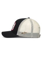 Alpinestars Heritage Patch Trucker-Mütze, Sportswear Snapback, Schwarz und Natur, Seitenansicht mit weißem Mesh-Gewebe und Ageless-Logo-Patch, strukturierte Krone mit gebogenem Schirm