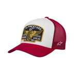 Alpinestars Heritage Patch Trucker Hat, lässiges Snapback-Cap, weißes Vorderteil mit rotem gebogenem Schirm und Mesh-Rückseite, mit einem großen bestickten Heritage-Patch auf der Vorderseite und einem kleinen seitlichen Logo, strukturierte Krone, vom Motorsport inspirierte Kopfbedeckung