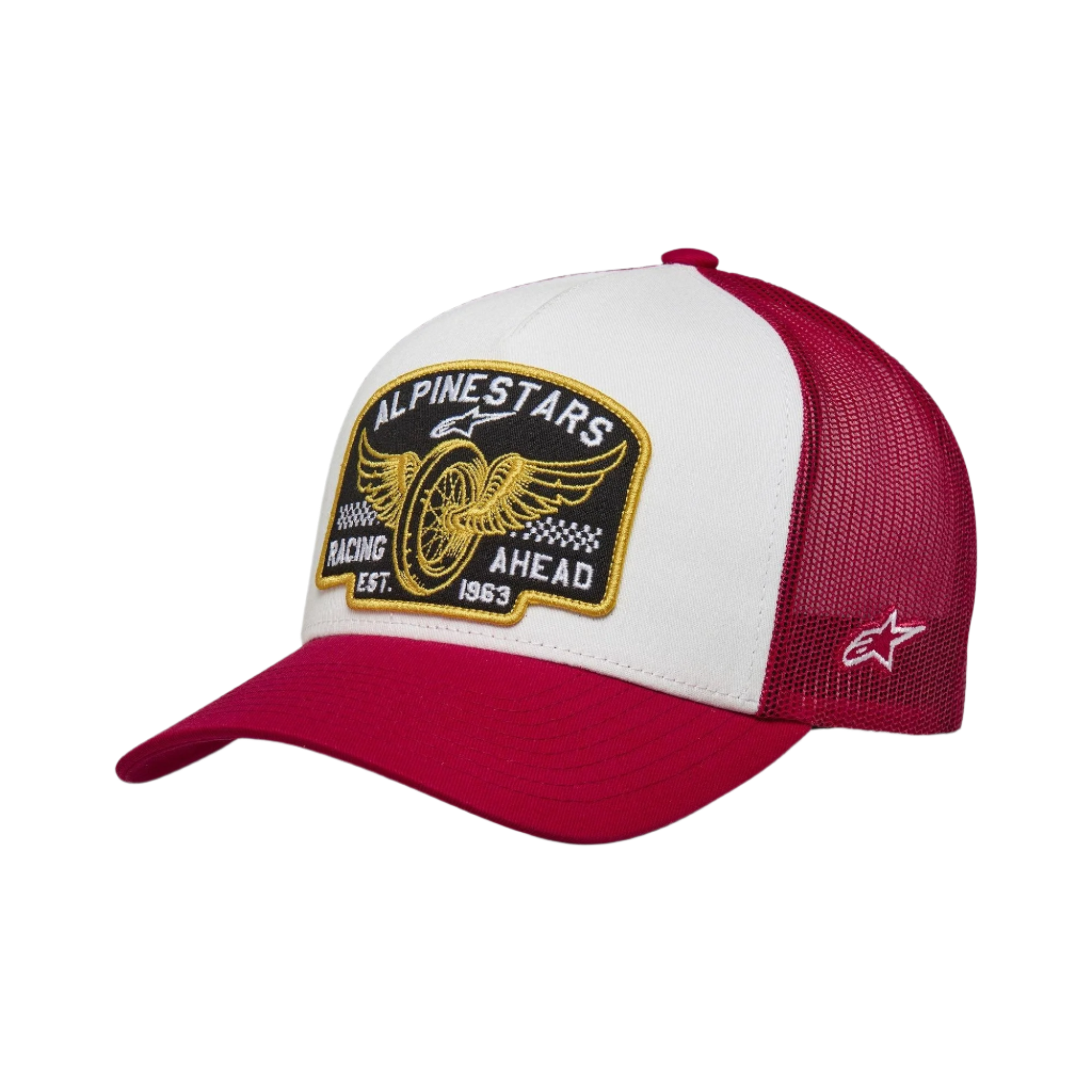 Alpinestars Heritage Patch Trucker Hat, lässiges Snapback-Cap, weißes Vorderteil mit rotem gebogenem Schirm und Mesh-Rückseite, mit einem großen bestickten Heritage-Patch auf der Vorderseite und einem kleinen seitlichen Logo, strukturierte Krone, vom Motorsport inspirierte Kopfbedeckung