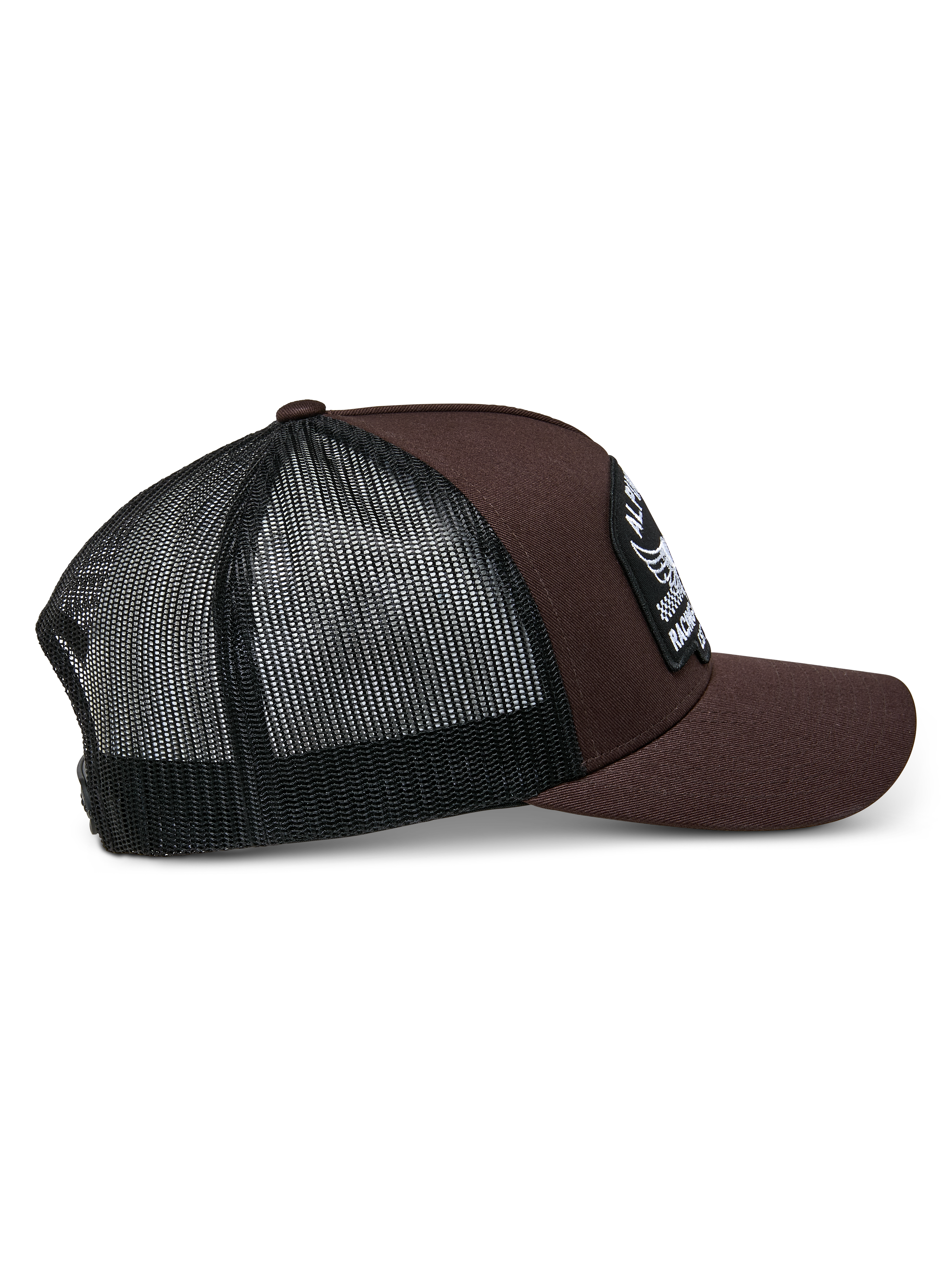 Alpinestars Heritage Patch Trucker Mütze, Braun und Schwarz, mit strukturierter Krone, einem großen bestickten Patch, gebogenem Schirm und schwarzer Mesh-Rückseite, lässiges, vom Motorsport inspiriertes Design
