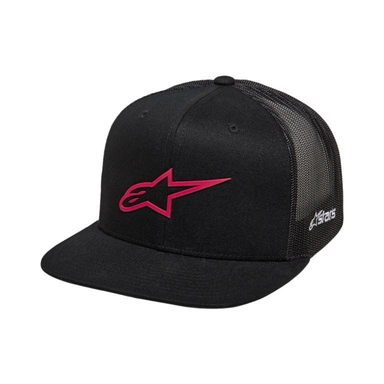 Alpinestars 3D Ageless Trucker-Mütze, Schwarz mit rotem Logo, flacher Schirm und strukturierte Krone, Poly-Mesh-Rückseite, 3D-Stickerei, lässige Motorsport-Kopfbedeckung