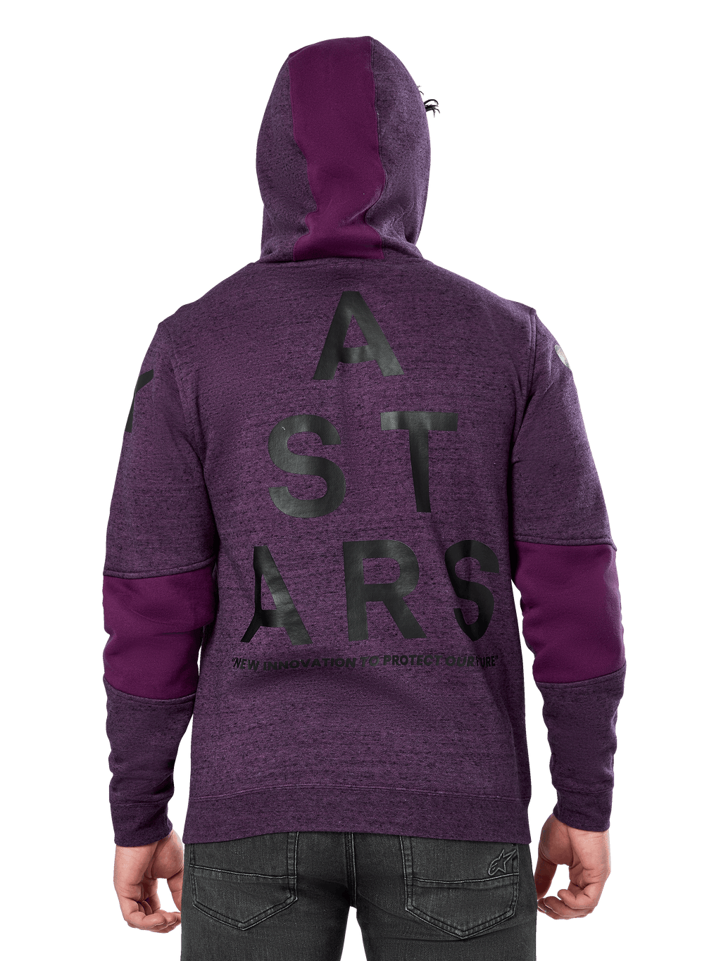 Alpinestars Perpetuate Hoodie, lilafarben melierter Fleece-Pullover, Rückansicht mit großer schwarzer „ASTARS“-Grafik und „NEW INNOVATION TO PROTECT OUR FUTURE“-Schriftzug, lila Stoffblockierung an Ärmeln und Kapuze, lässiges, vom Motorsport inspiriertes Design