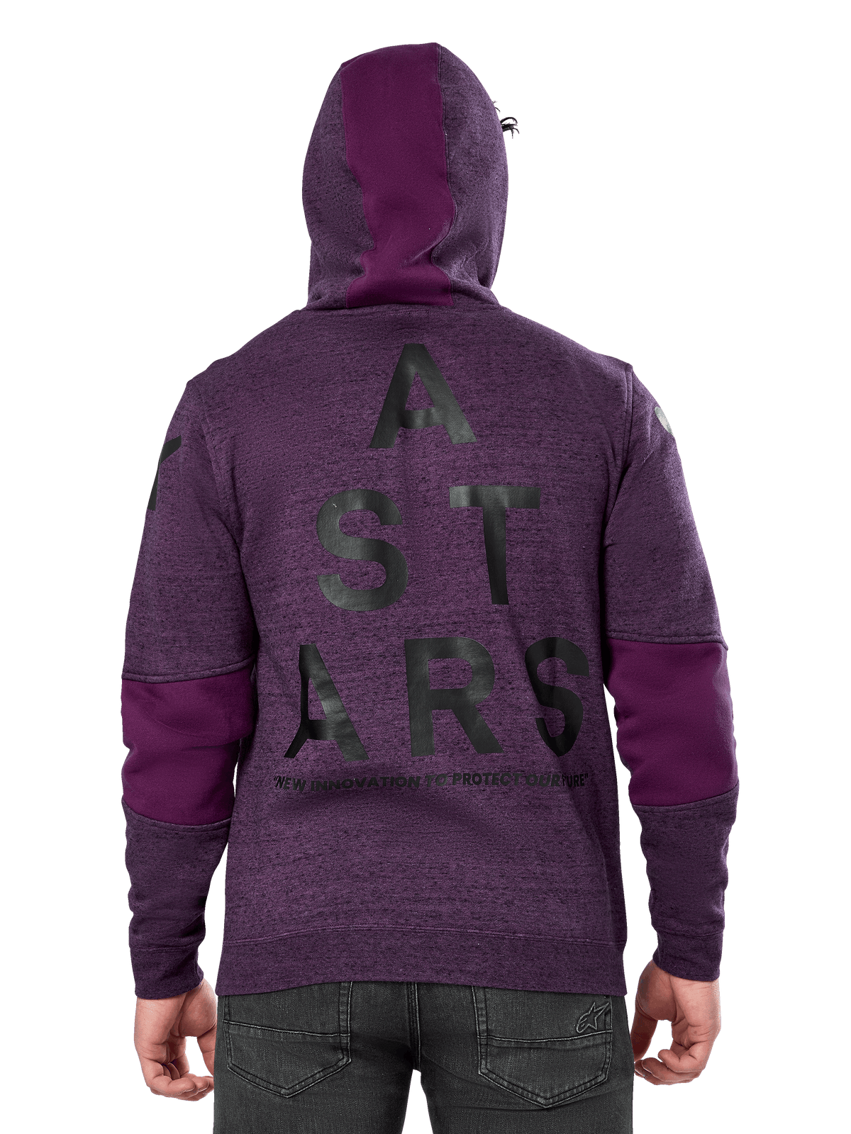 Alpinestars Perpetuate Hoodie, lilafarben melierter Fleece-Pullover, Rückansicht mit großer schwarzer „ASTARS“-Grafik und „NEW INNOVATION TO PROTECT OUR FUTURE“-Schriftzug, lila Stoffblockierung an Ärmeln und Kapuze, lässiges, vom Motorsport inspiriertes Design