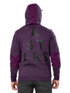 Alpinestars Perpetuate Hoodie, lilafarben melierter Fleece-Pullover, Rückansicht mit großer schwarzer „ASTARS“-Grafik und „NEW INNOVATION TO PROTECT OUR FUTURE“-Schriftzug, lila Stoffblockierung an Ärmeln und Kapuze, lässiges, vom Motorsport inspiriertes Design