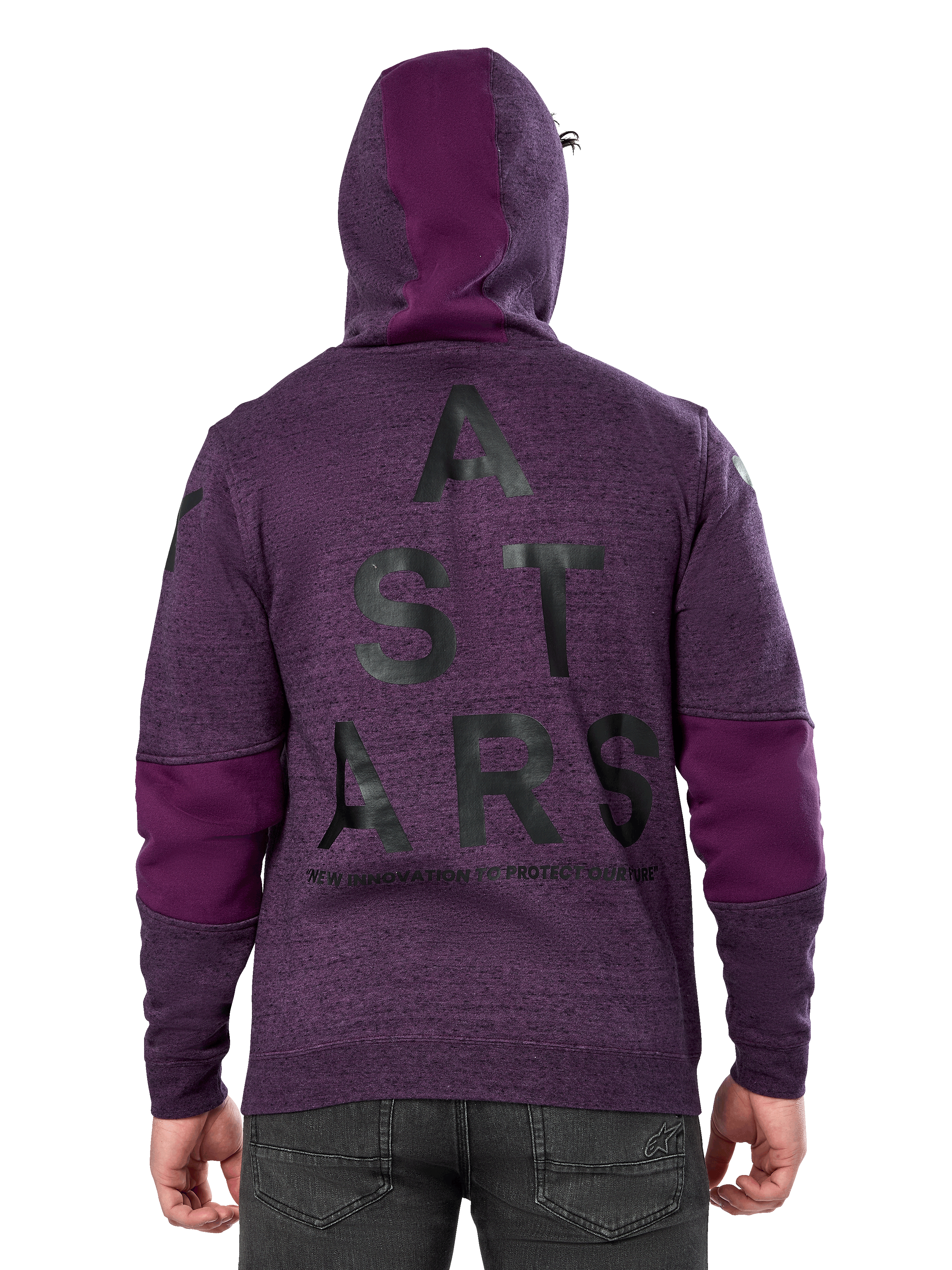 Alpinestars Perpetuate Hoodie, lilafarben melierter Fleece-Pullover, Rückansicht mit großer schwarzer „ASTARS“-Grafik und „NEW INNOVATION TO PROTECT OUR FUTURE“-Schriftzug, lila Stoffblockierung an Ärmeln und Kapuze, lässiges, vom Motorsport inspiriertes Design