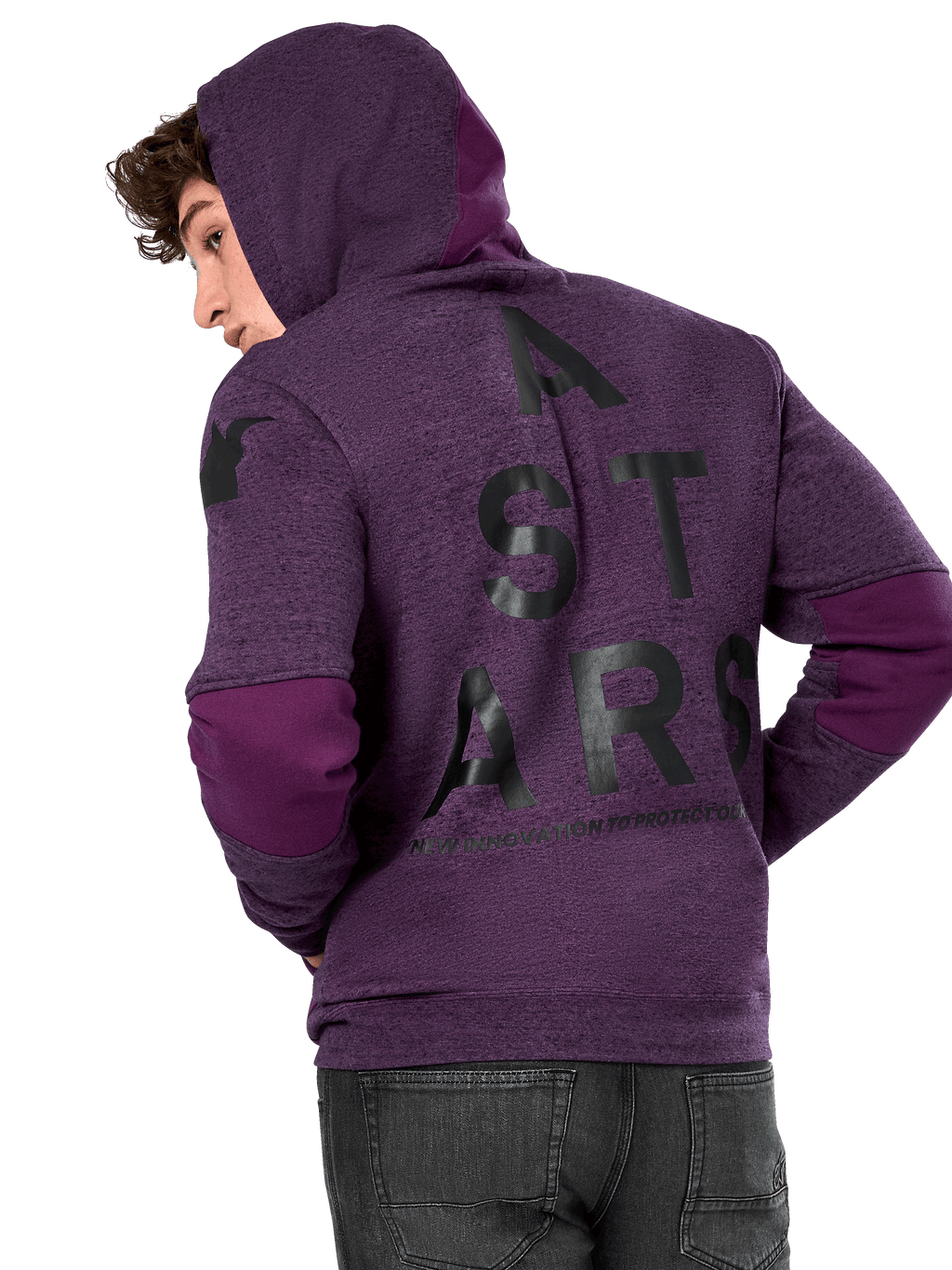 Alpinestars Perpetuate Hoodie, lila melierter Fleece, Rückansicht mit großer schwarzer „A STARS“ Grafik und dunkelvioletten Stoffeinsätzen an Ellbogen und Kapuze, lässige vom Motorsport inspirierte Streetwear