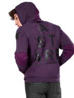 Alpinestars Perpetuate Hoodie, lila melierter Fleece, Rückansicht mit großer schwarzer „A STARS“ Grafik und dunkelvioletten Stoffeinsätzen an Ellbogen und Kapuze, lässige vom Motorsport inspirierte Streetwear