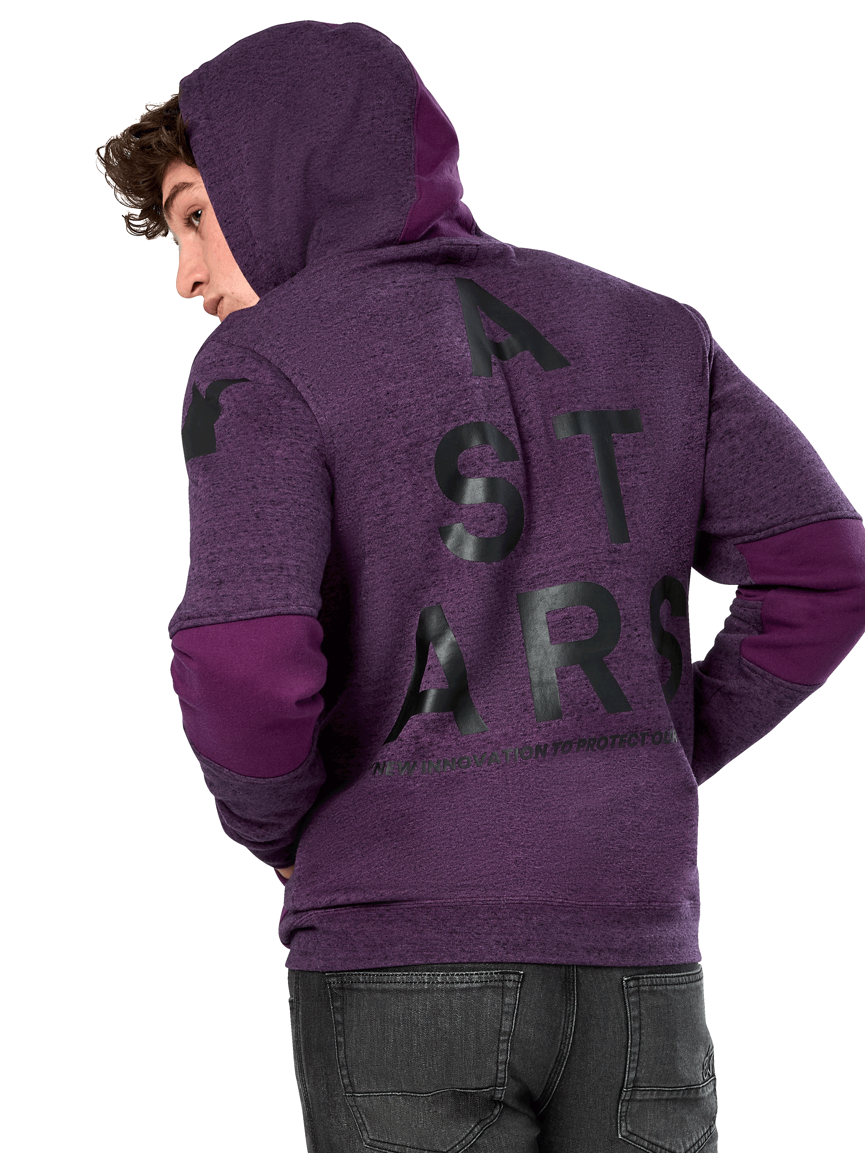 Alpinestars Perpetuate Hoodie, lila melierter Fleece, Rückansicht mit großer schwarzer „A STARS“ Grafik und dunkelvioletten Stoffeinsätzen an Ellbogen und Kapuze, lässige vom Motorsport inspirierte Streetwear