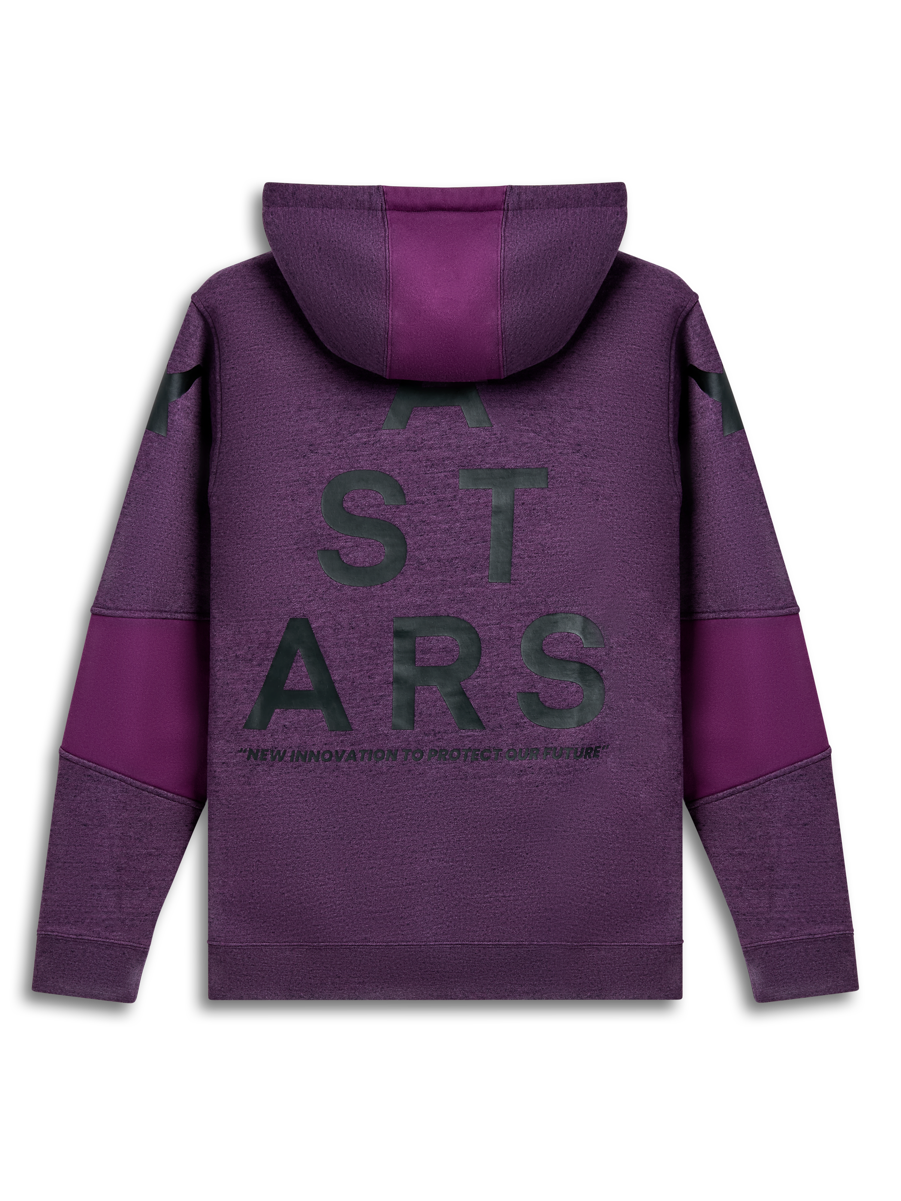 Alpinestars Perpetuate Hoodie, lila Sportswear-Pullover-Hoodie, Rückansicht mit Rückentyp-Grafik und Stoffblockierungsdetails.