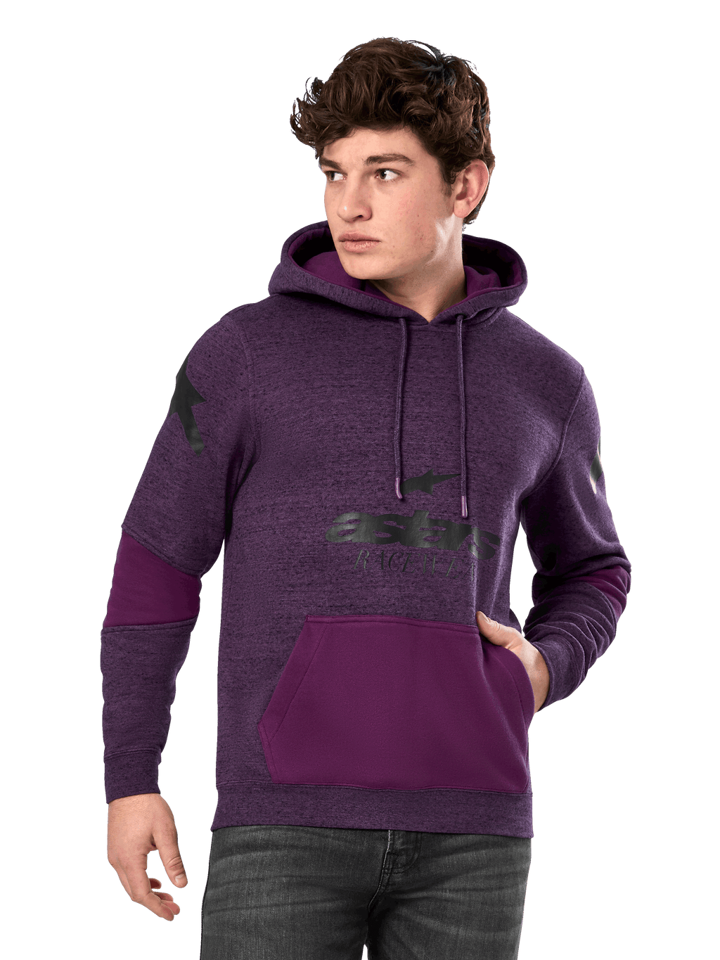 Alpinestars Perpetuate Hoodie, Lila meliert und Dunkellila, Fleece-Kapuzenpullover für Herren, schwarze Logo-Grafiken, Kängurutasche, lässige, vom Motorsport inspirierte Streetwear