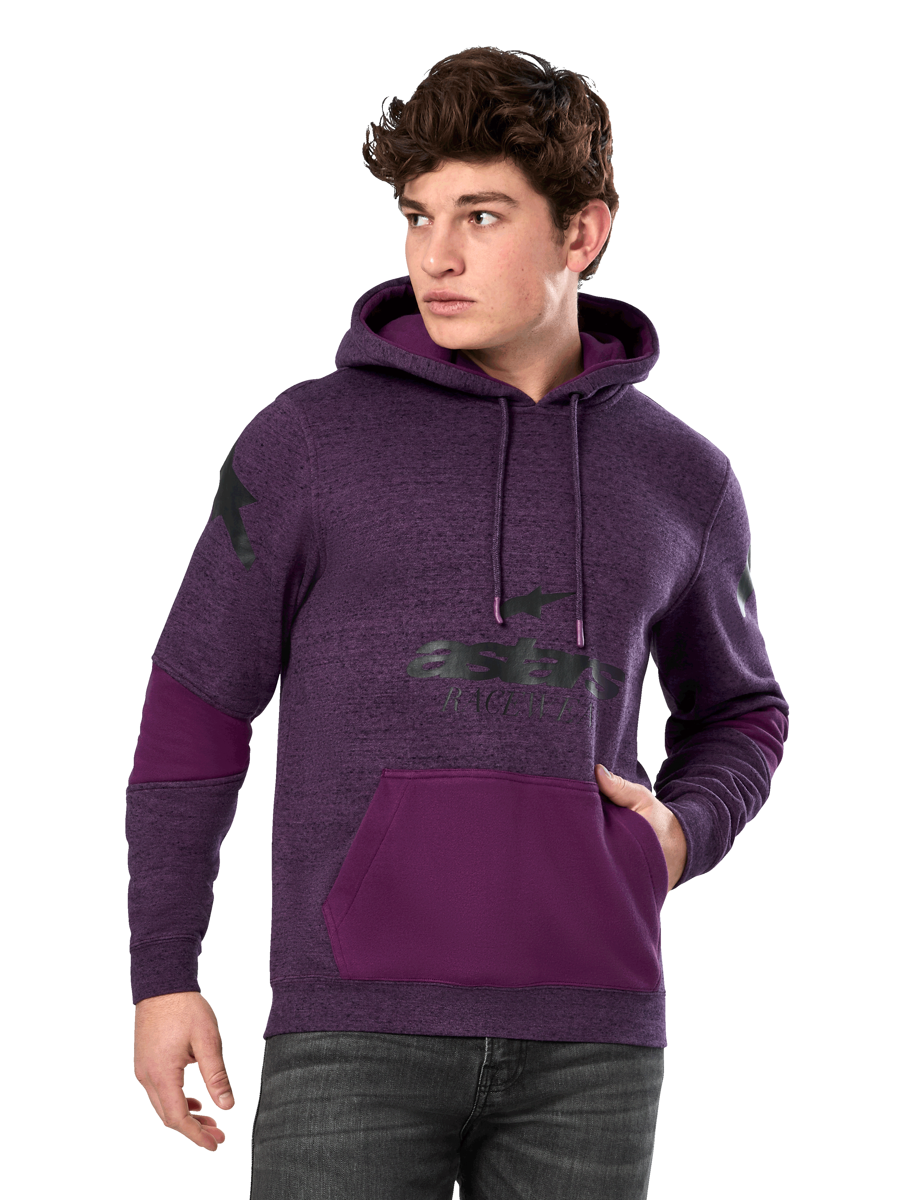 Alpinestars Perpetuate Hoodie, Lila meliert und Dunkellila, Fleece-Kapuzenpullover für Herren, schwarze Logo-Grafiken, Kängurutasche, lässige, vom Motorsport inspirierte Streetwear