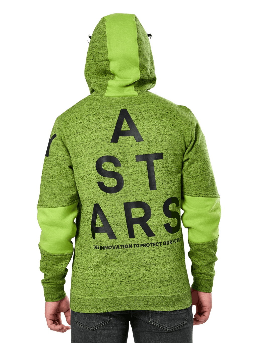 Alpinestars Perpetuate Hoodie, Rückansicht, limonengrünes meliertes Fleece mit einfarbig grünen Stoffeinsätzen an Kapuze und Ärmeln, große schwarze ASTARS-Grafik auf dem Rücken, lässige, vom Motorsport inspirierte Streetwear