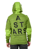 Alpinestars Perpetuate Hoodie, Rückansicht, limonengrünes meliertes Fleece mit einfarbig grünen Stoffeinsätzen an Kapuze und Ärmeln, große schwarze ASTARS-Grafik auf dem Rücken, lässige, vom Motorsport inspirierte Streetwear