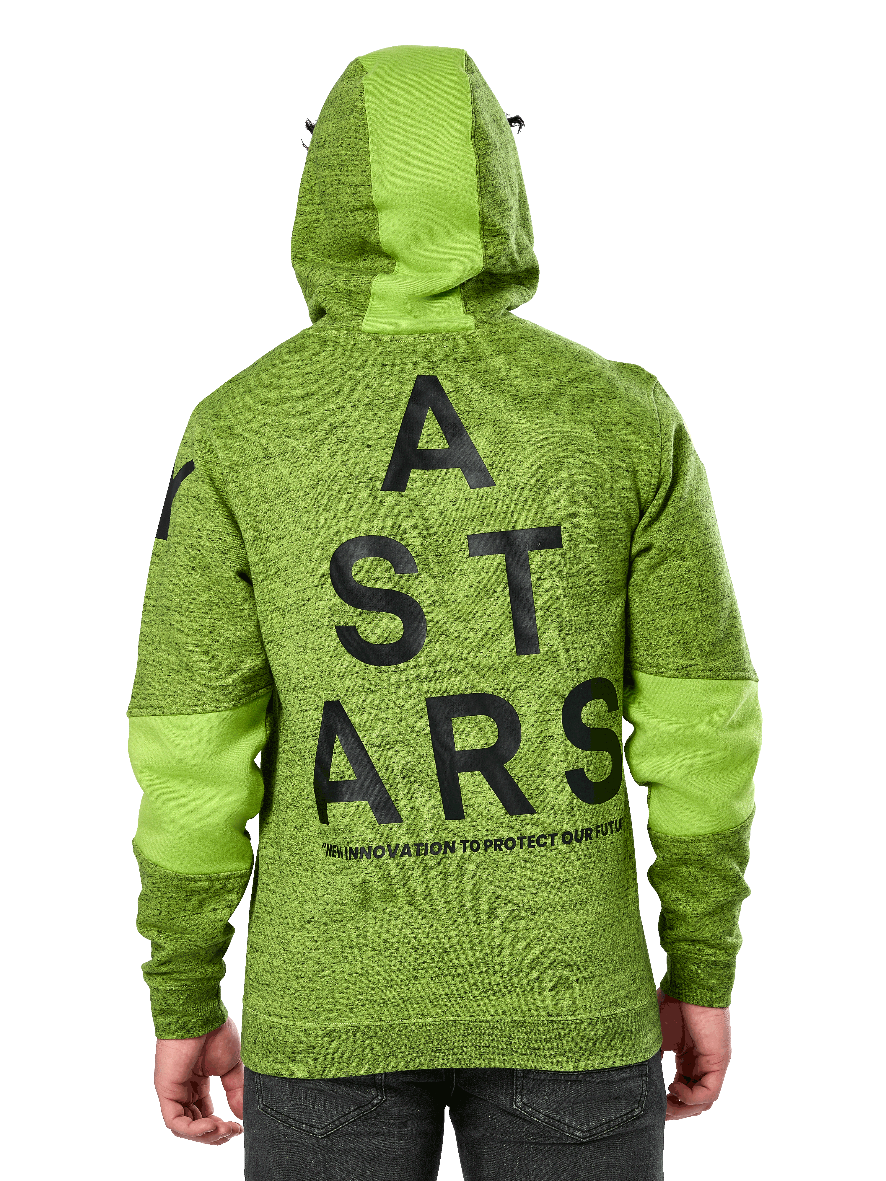 Alpinestars Perpetuate Hoodie, Rückansicht, limonengrünes meliertes Fleece mit einfarbig grünen Stoffeinsätzen an Kapuze und Ärmeln, große schwarze ASTARS-Grafik auf dem Rücken, lässige, vom Motorsport inspirierte Streetwear