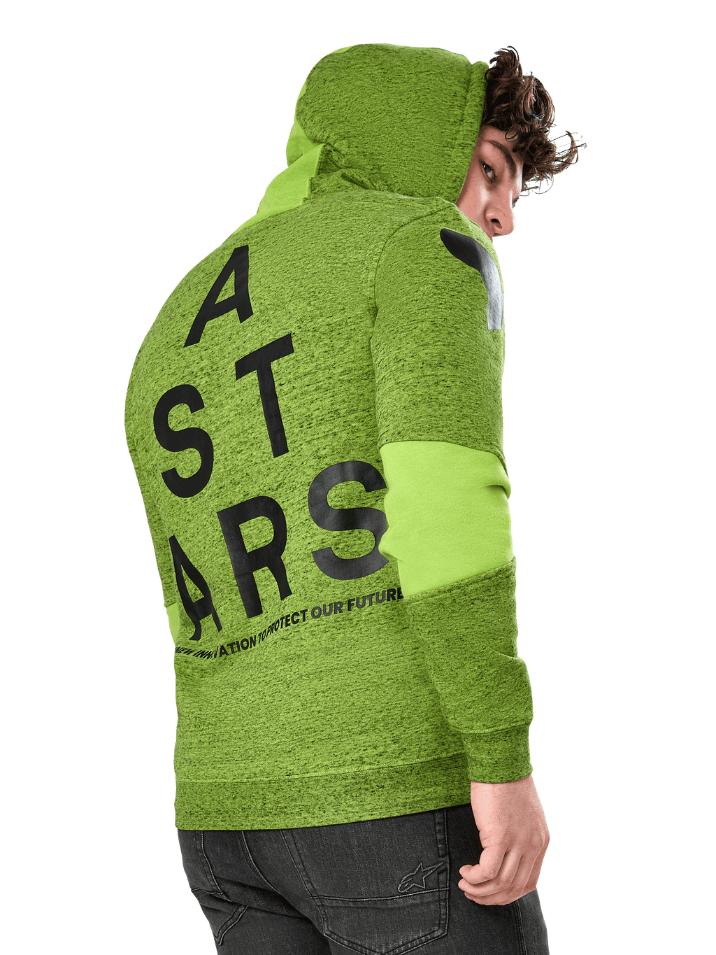 Alpinestars Perpetuate Hoodie, lässiger Sportswear-Hoodie, limettengrüner melierter Fleece, Rückansicht mit großer schwarzer vertikaler ASTARS-Grafik auf dem Rücken und Schulter-Logo, Stoffblockierung an den Ärmeln, Kapuze mit Kordelzug, moderne vom Motorsport inspirierte Streetwear.