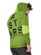 Alpinestars Perpetuate Hoodie, lässiger Sportswear-Hoodie, limettengrüner melierter Fleece, Rückansicht mit großer schwarzer vertikaler ASTARS-Grafik auf dem Rücken und Schulter-Logo, Stoffblockierung an den Ärmeln, Kapuze mit Kordelzug, moderne vom Motorsport inspirierte Streetwear.