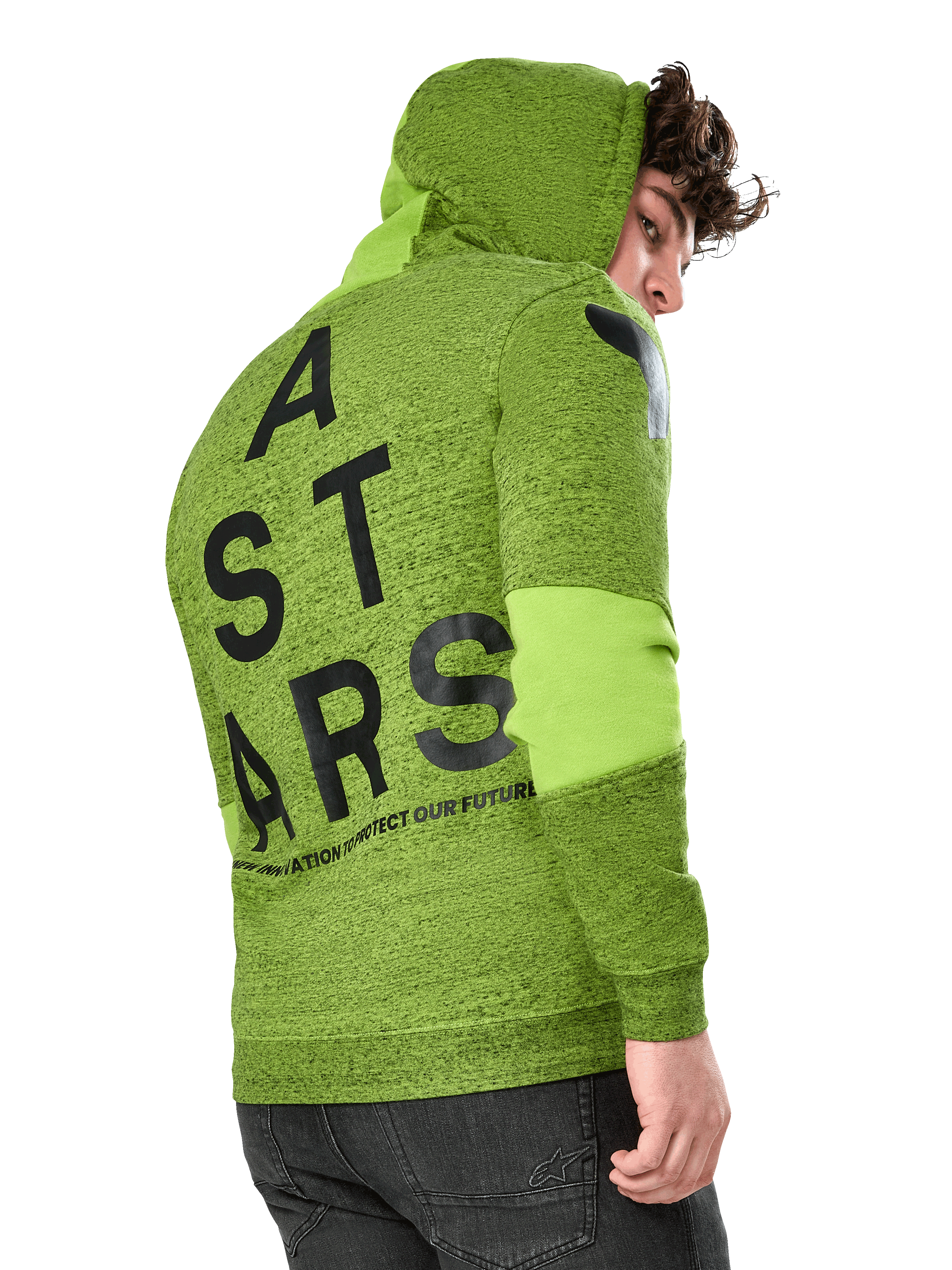 Alpinestars Perpetuate Hoodie, lässiger Sportswear-Hoodie, limettengrüner melierter Fleece, Rückansicht mit großer schwarzer vertikaler ASTARS-Grafik auf dem Rücken und Schulter-Logo, Stoffblockierung an den Ärmeln, Kapuze mit Kordelzug, moderne vom Motorsport inspirierte Streetwear.