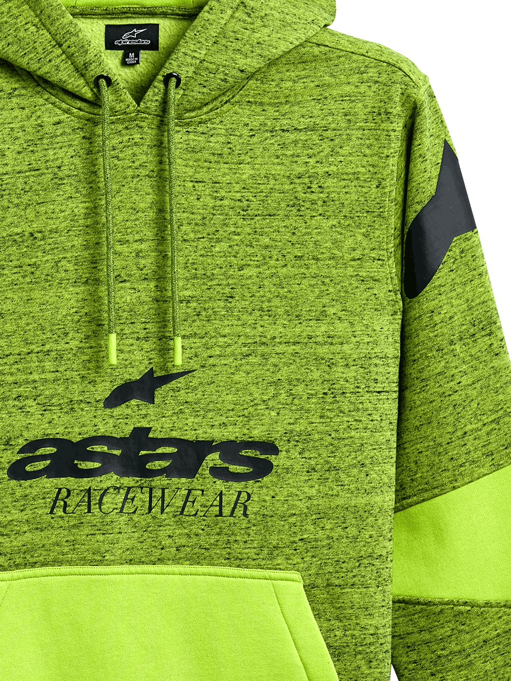 Alpinestars Perpetuate Hoodie, melierter Kapuzenpullover in Limettengrün, mit schwarzer „astars RACEWEAR“-Grafik, einfarbige Kängurutasche mit Materialeinsätzen, Kapuze mit Kordelzug und Schulterlogo, lässige, vom Motorsport inspirierte Sportbekleidung