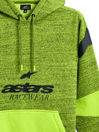 Alpinestars Perpetuate Hoodie, melierter Kapuzenpullover in Limettengrün, mit schwarzer „astars RACEWEAR“-Grafik, einfarbige Kängurutasche mit Materialeinsätzen, Kapuze mit Kordelzug und Schulterlogo, lässige, vom Motorsport inspirierte Sportbekleidung