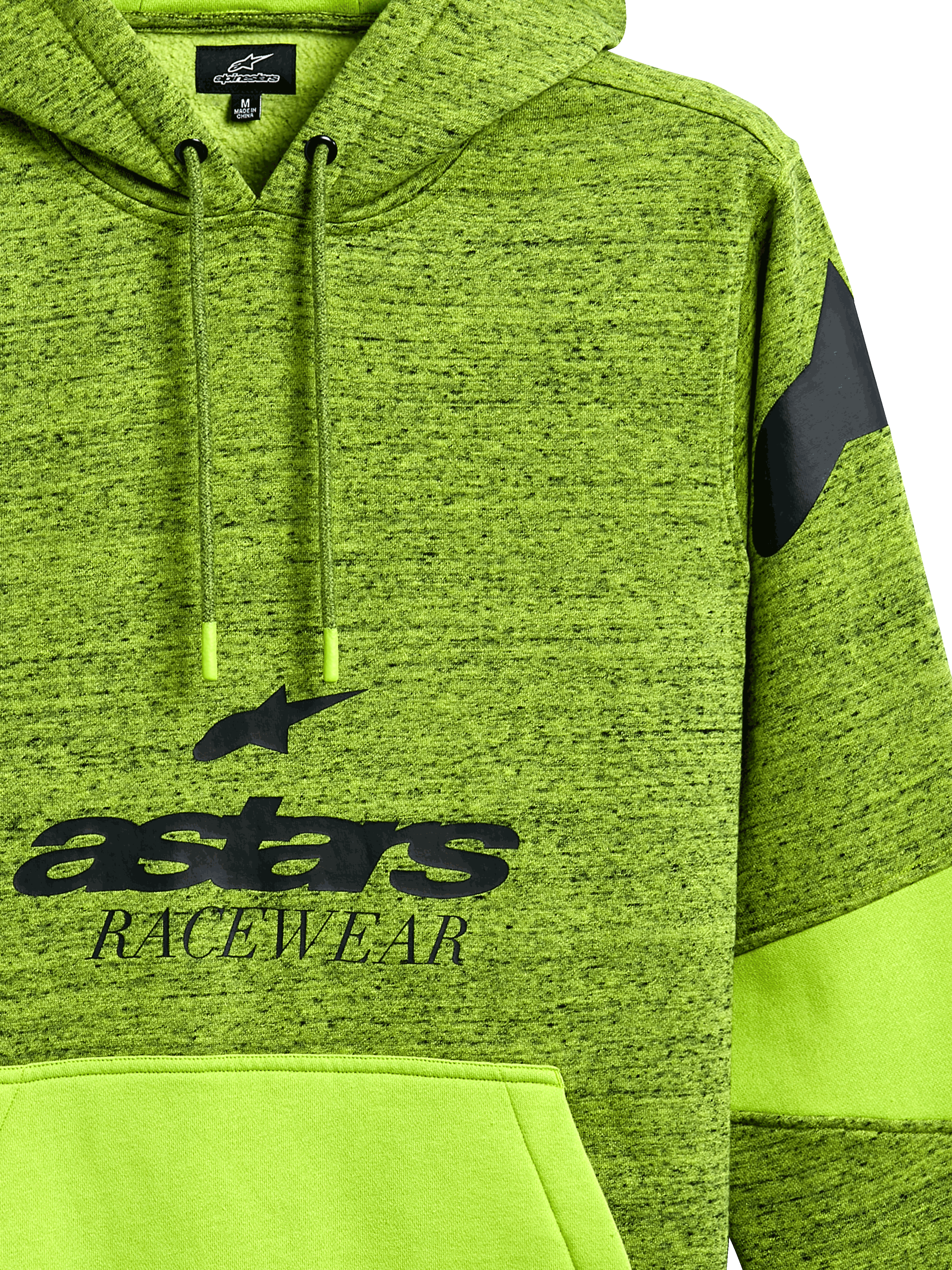Alpinestars Perpetuate Hoodie, melierter Kapuzenpullover in Limettengrün, mit schwarzer „astars RACEWEAR“-Grafik, einfarbige Kängurutasche mit Materialeinsätzen, Kapuze mit Kordelzug und Schulterlogo, lässige, vom Motorsport inspirierte Sportbekleidung
