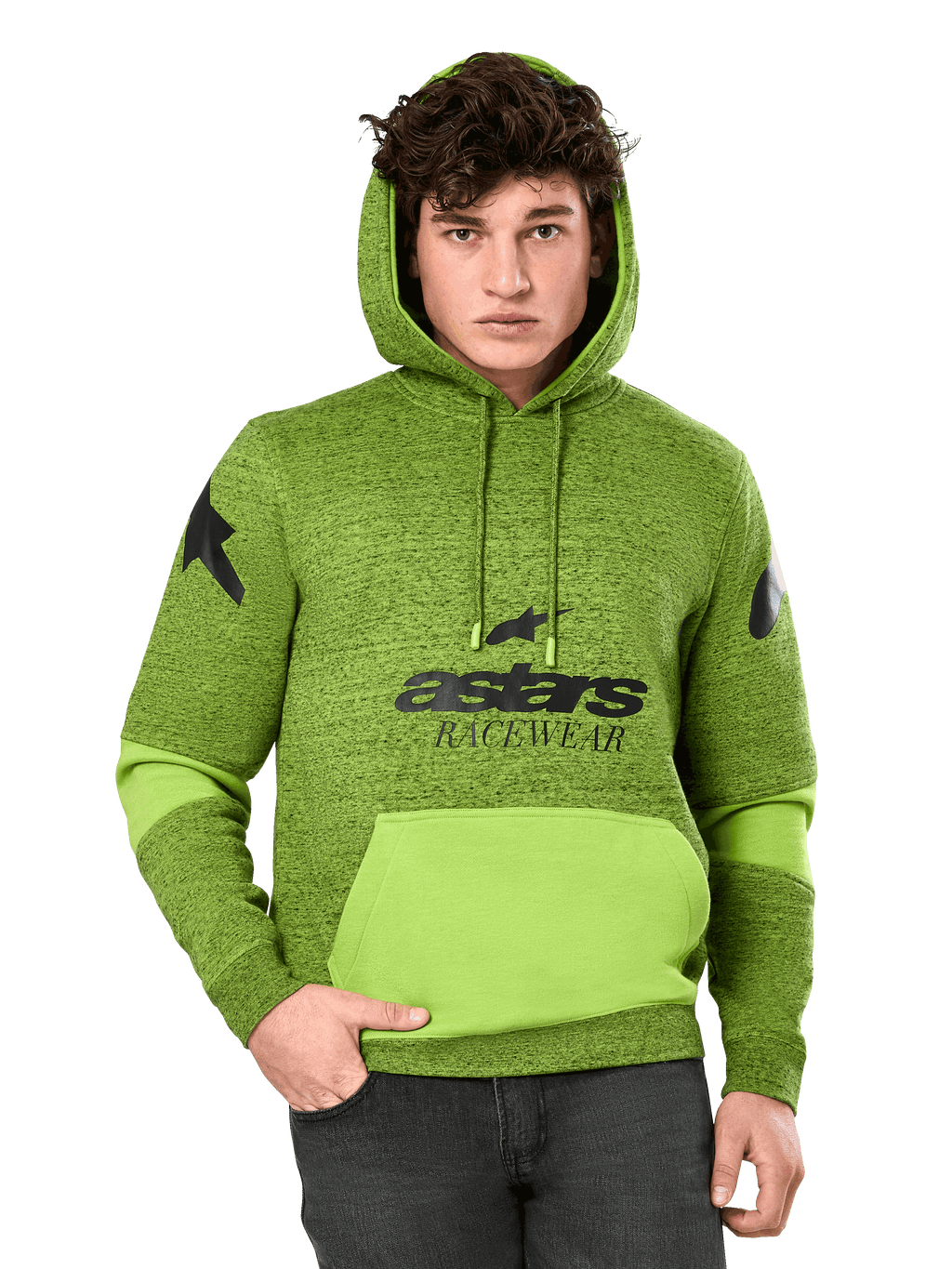 Alpinestars Perpetuate Hoodie, melierter Herren-Kapuzenpullover in Grün und Limettengrün, leuchtend limettengrünes Color-Blocking an Kängurutasche und Ärmeln, schwarze 'astars RACEWEAR'-Grafik auf der Brust, Stern-Logos auf den Schultern, lässige Motorsport-Streetwear