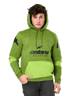 Alpinestars Perpetuate Hoodie, melierter Herren-Kapuzenpullover in Grün und Limettengrün, leuchtend limettengrünes Color-Blocking an Kängurutasche und Ärmeln, schwarze 'astars RACEWEAR'-Grafik auf der Brust, Stern-Logos auf den Schultern, lässige Motorsport-Streetwear
