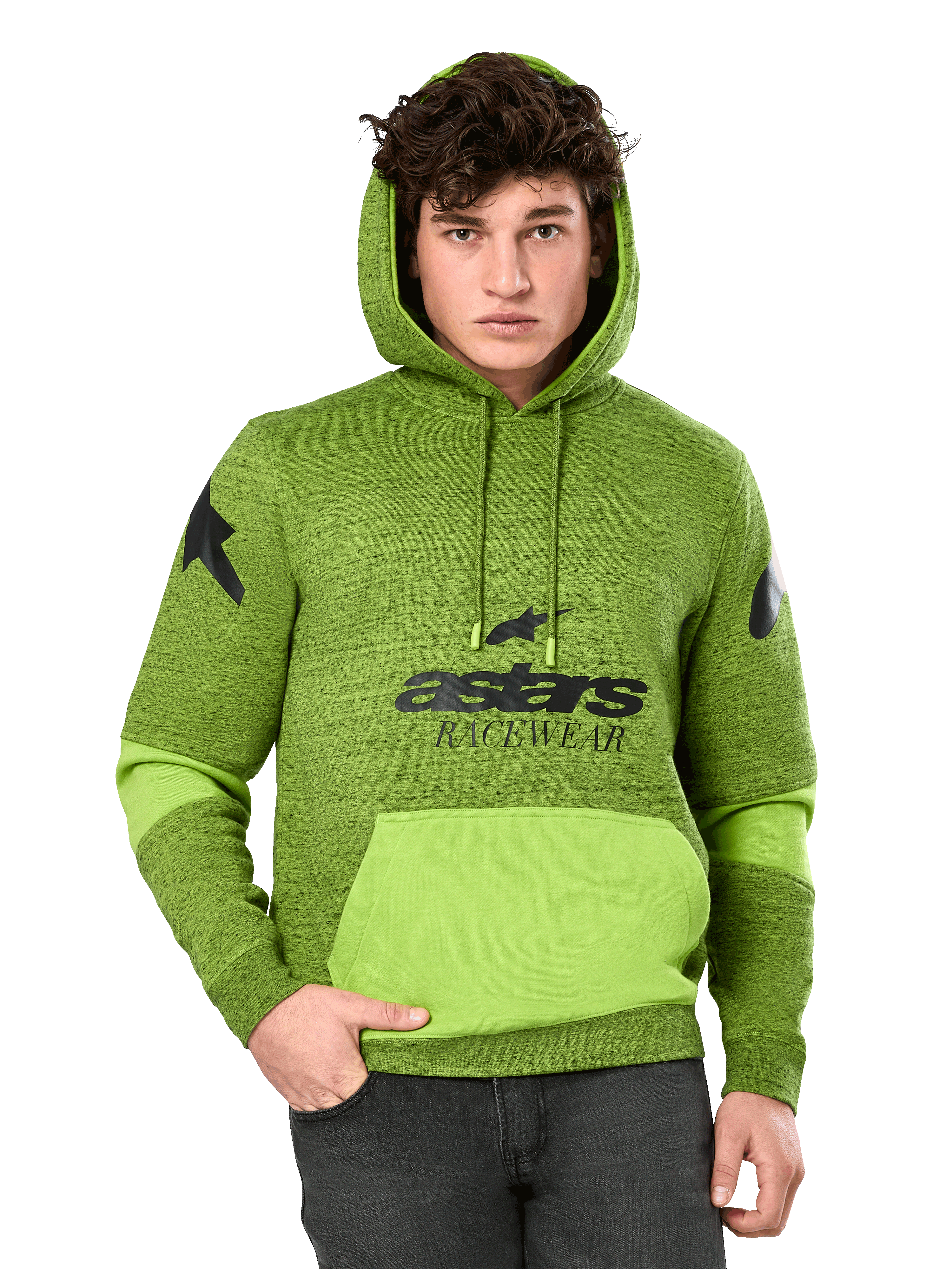 Alpinestars Perpetuate Hoodie, melierter Herren-Kapuzenpullover in Grün und Limettengrün, leuchtend limettengrünes Color-Blocking an Kängurutasche und Ärmeln, schwarze 'astars RACEWEAR'-Grafik auf der Brust, Stern-Logos auf den Schultern, lässige Motorsport-Streetwear