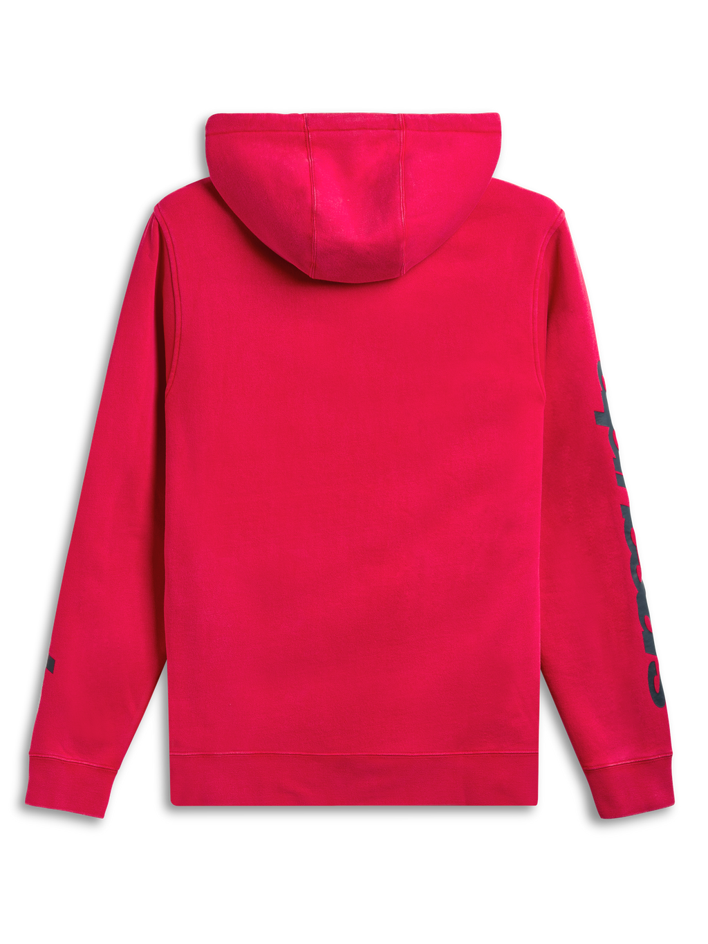 Alpinestars Unbound Kapuzenpullover, roter Fleece-Pullover für Sportswear, Rückansicht mit selbstgefütterter Kapuze und Ärmelbranding.