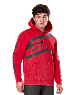 Alpinestars Unbound Hoodie, Pullover Fleece Hoodie, Garment-dyed Red, Large grey logo on chest, Alpinestars wordmark on sleeves, front kangaroo pocket and drawstring hood, casual motorsport-inspired streetwear