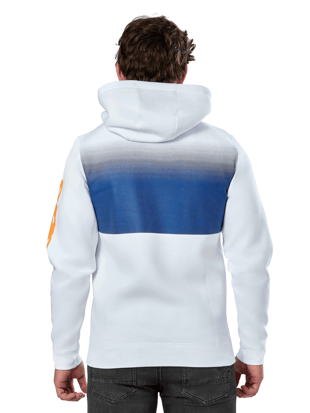 Alpinestars Specter Hoodie, Weiß, lässiger Streetwear-Hoodie mit blauem Farbverlauf-Druck auf dem Rücken, orangefarbenes Wortmarken-Logo auf dem Ärmel, Rückansicht