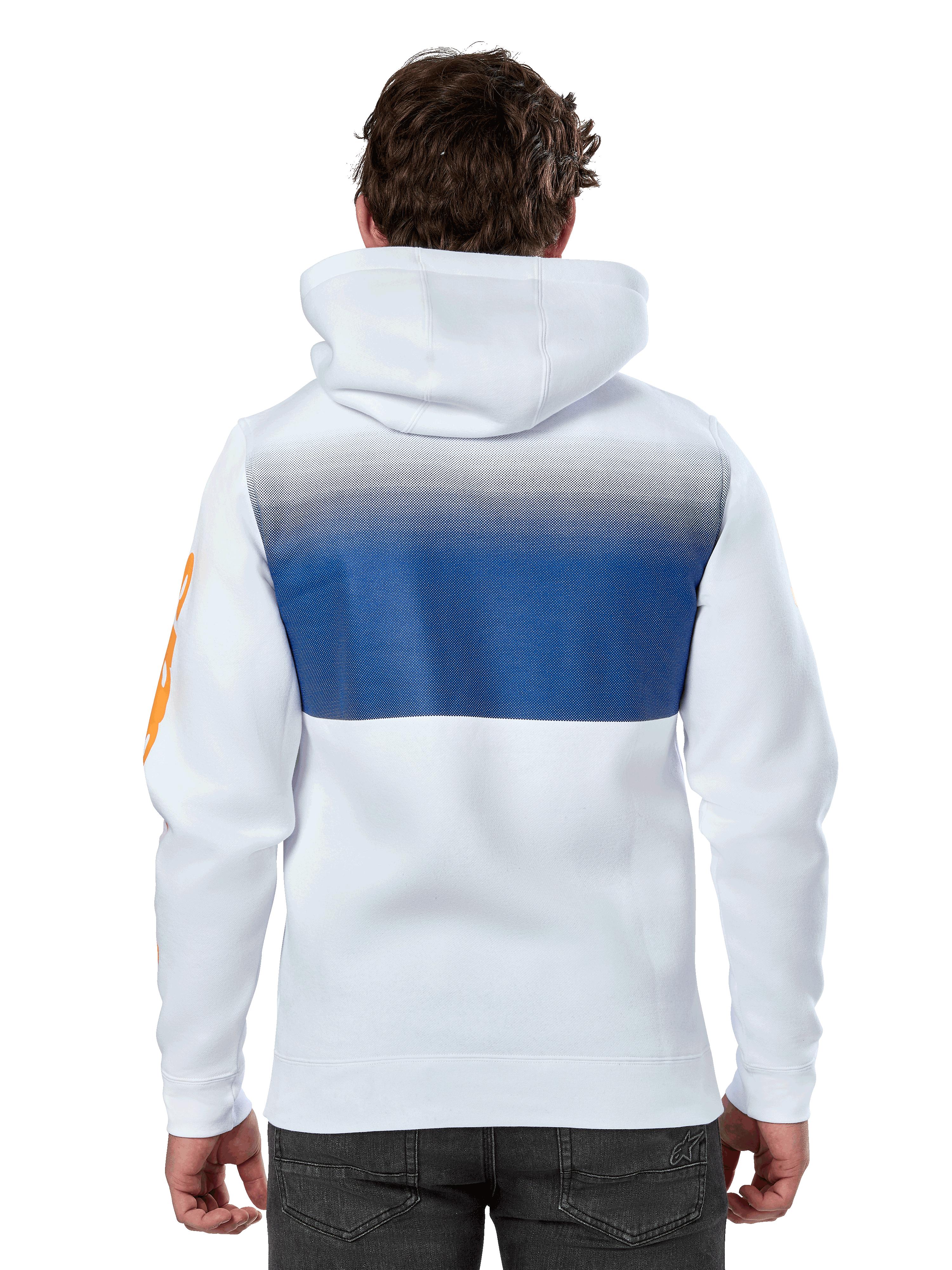 Alpinestars Specter Hoodie, Weiß, lässiger Streetwear-Hoodie mit blauem Farbverlauf-Druck auf dem Rücken, orangefarbenes Wortmarken-Logo auf dem Ärmel, Rückansicht