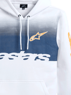 Alpinestars Specter Hoodie, Weiß mit dunkelblauem Farbverlauf-Druck, orangefarbenes Alpinestars Stern-Logo und weißer Schriftzug, lässiger vom Motorsport inspirierter Streetwear-Fleece-Hoodie, Kapuze mit Kordelzug