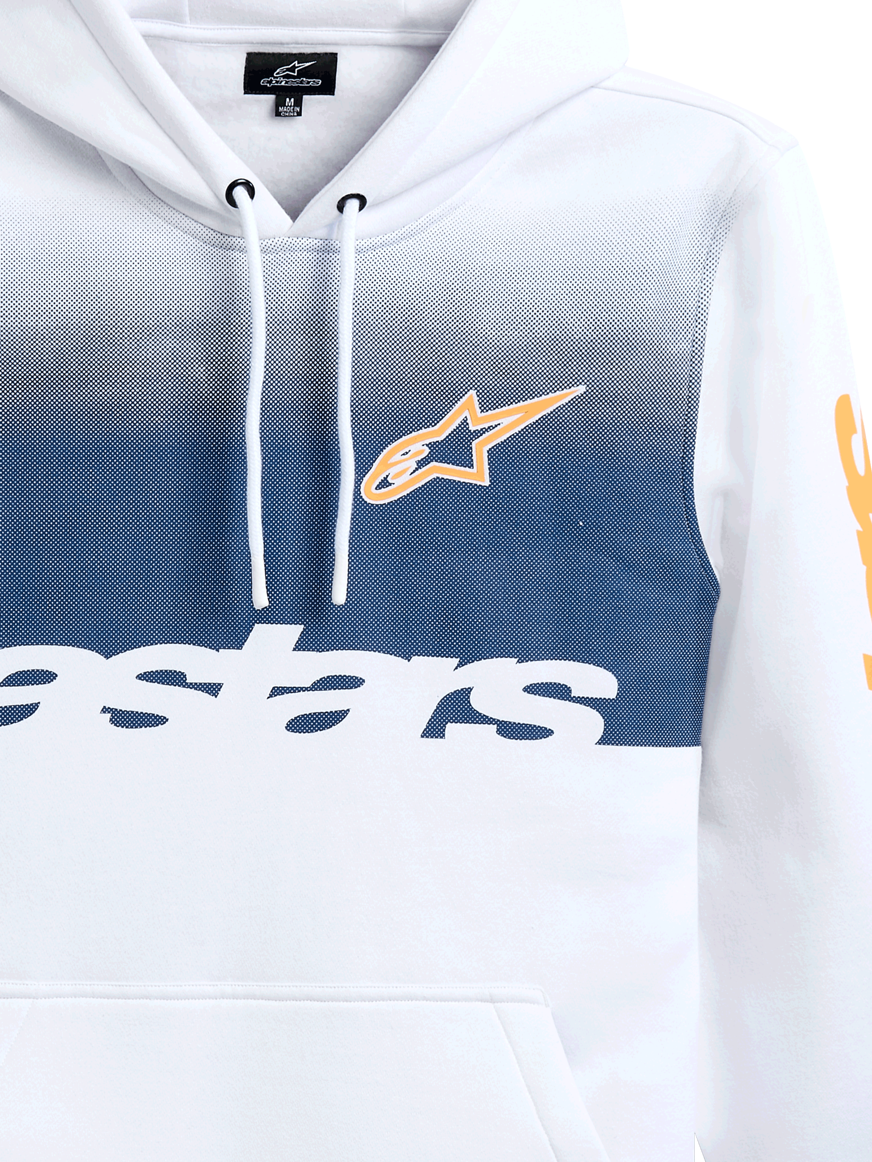 Alpinestars Specter Hoodie, Weiß mit dunkelblauem Farbverlauf-Druck, orangefarbenes Alpinestars Stern-Logo und weißer Schriftzug, lässiger vom Motorsport inspirierter Streetwear-Fleece-Hoodie, Kapuze mit Kordelzug