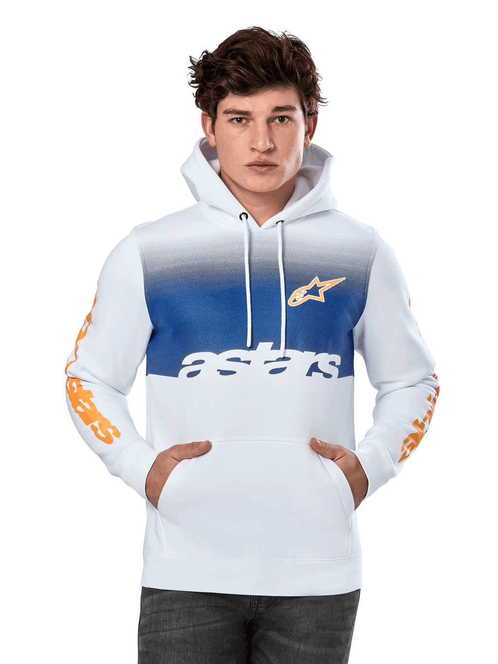 Alpinestars Specter Hoodie, Weiß mit blauem Farbverlauf auf der Brust, orangefarbenem Stern-Logo und Wortmarken auf den Ärmeln, weißer „astars“ Schriftzug, Kängurutasche, Kapuze mit Kordelzug, lässige Motorsport-Streetwear