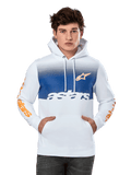 Alpinestars Specter Hoodie, Weiß mit blauem Farbverlauf auf der Brust, orangefarbenem Stern-Logo und Wortmarken auf den Ärmeln, weißer „astars“ Schriftzug, Kängurutasche, Kapuze mit Kordelzug, lässige Motorsport-Streetwear