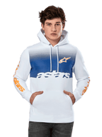 Alpinestars Specter Hoodie, Weiß mit blauem Farbverlauf auf der Brust, orangefarbenem Stern-Logo und Wortmarken auf den Ärmeln, weißer „astars“ Schriftzug, Kängurutasche, Kapuze mit Kordelzug, lässige Motorsport-Streetwear