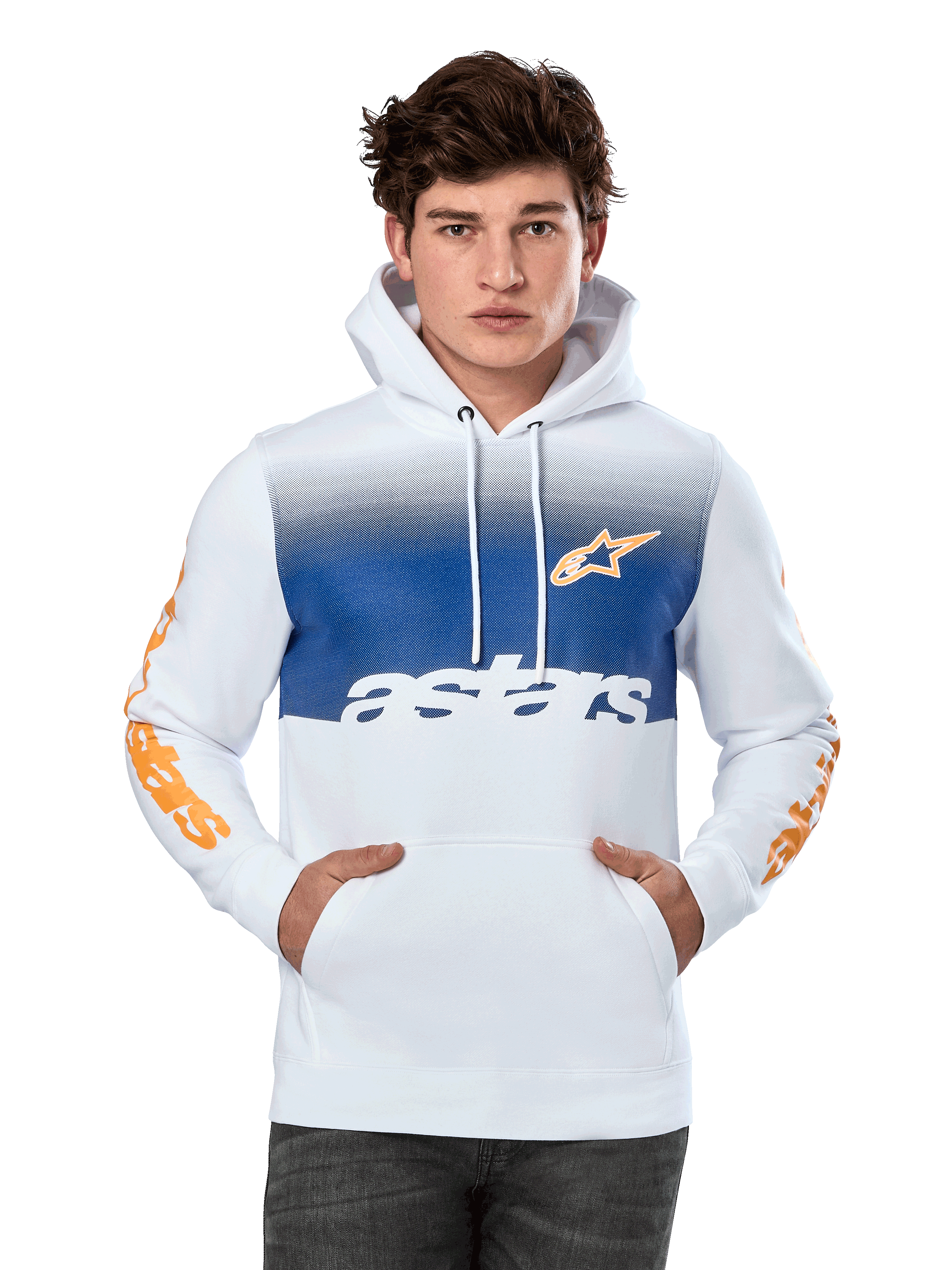 Alpinestars Specter Hoodie, White with blue gradient chest panel, featuring orange star logo and sleeve wordmarks, white astars text, front kangaroo pocket, drawstring hood, casual motorsport streetwear