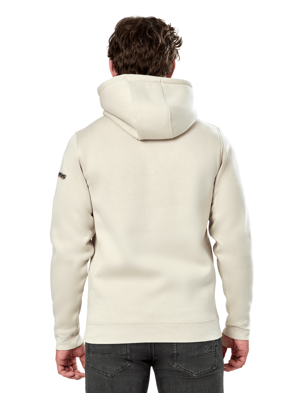 Alpinestars Insignia Hoodie, Rückansicht eines Mannes, der einen lässigen Fleece-Kapuzenpullover trägt, Off-White, mit selbstgefütterter Kapuze und Rippbündchen, Motorsport-inspirierte Streetwear