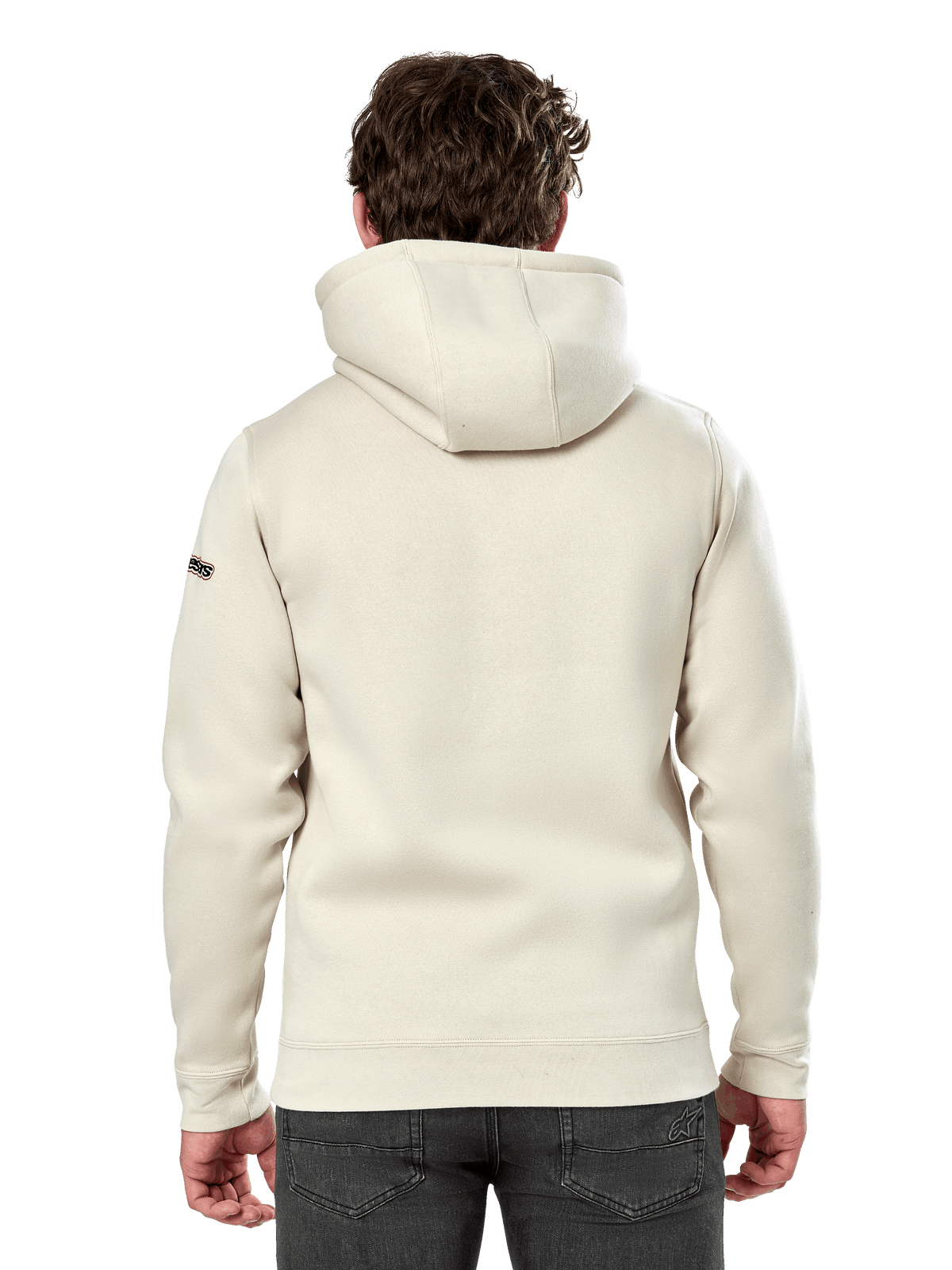 Alpinestars Insignia Hoodie, Rückansicht eines Mannes, der einen lässigen Fleece-Kapuzenpullover trägt, Off-White, mit selbstgefütterter Kapuze und Rippbündchen, Motorsport-inspirierte Streetwear