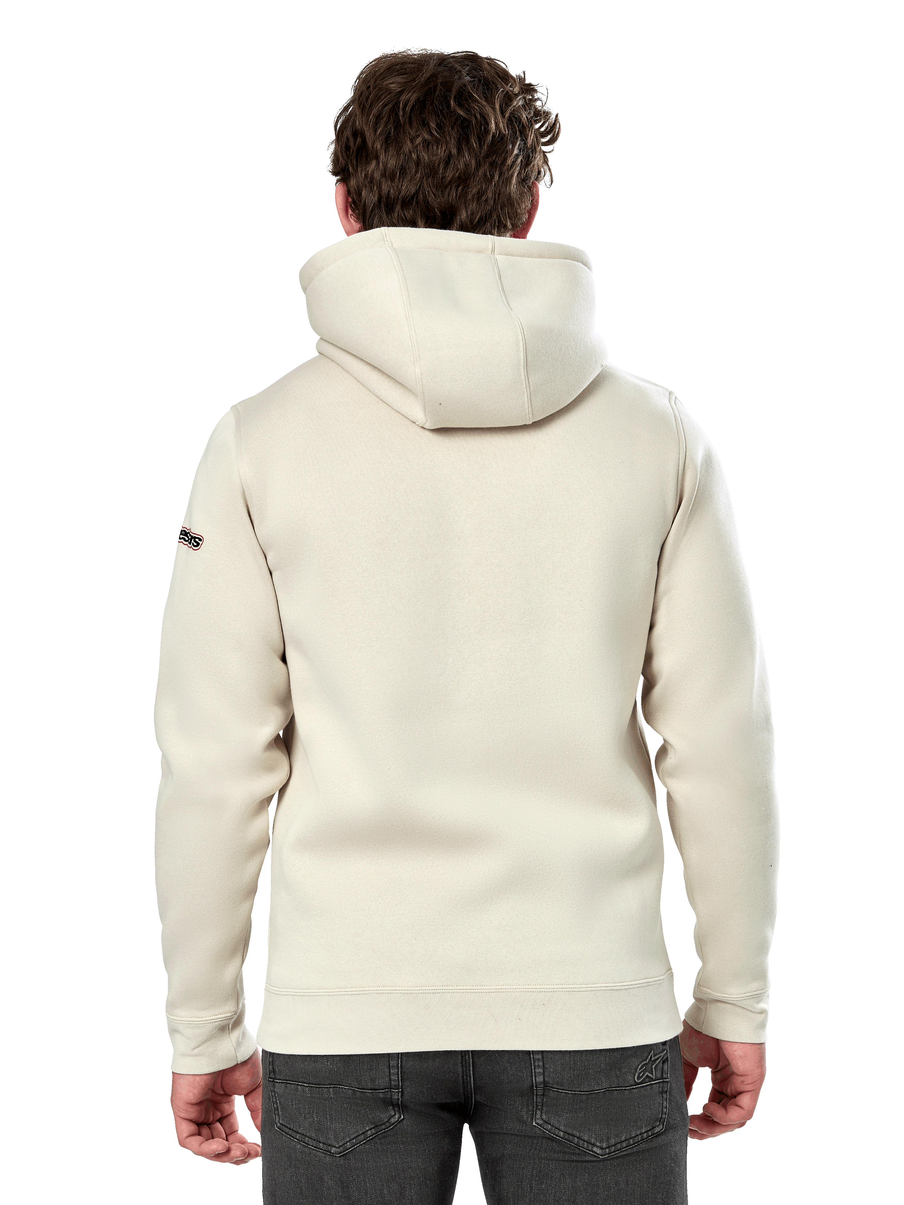 Alpinestars Insignia Hoodie, Rückansicht eines Mannes, der einen lässigen Fleece-Kapuzenpullover trägt, Off-White, mit selbstgefütterter Kapuze und Rippbündchen, Motorsport-inspirierte Streetwear