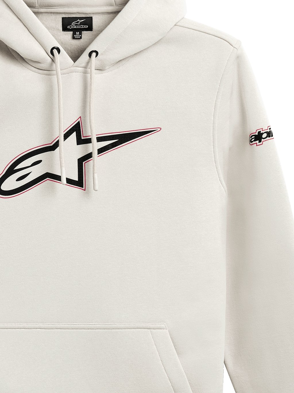 Alpinestars Insignia Hoodie, lässiger Fleece-Kapuzenpullover, Off-White, großes Astars-Logo auf der Brust mit roter Umrandung, Ärmel-Branding, Kapuze mit Kordelzug, Kängurutasche, Motorsport-inspiriertes Design