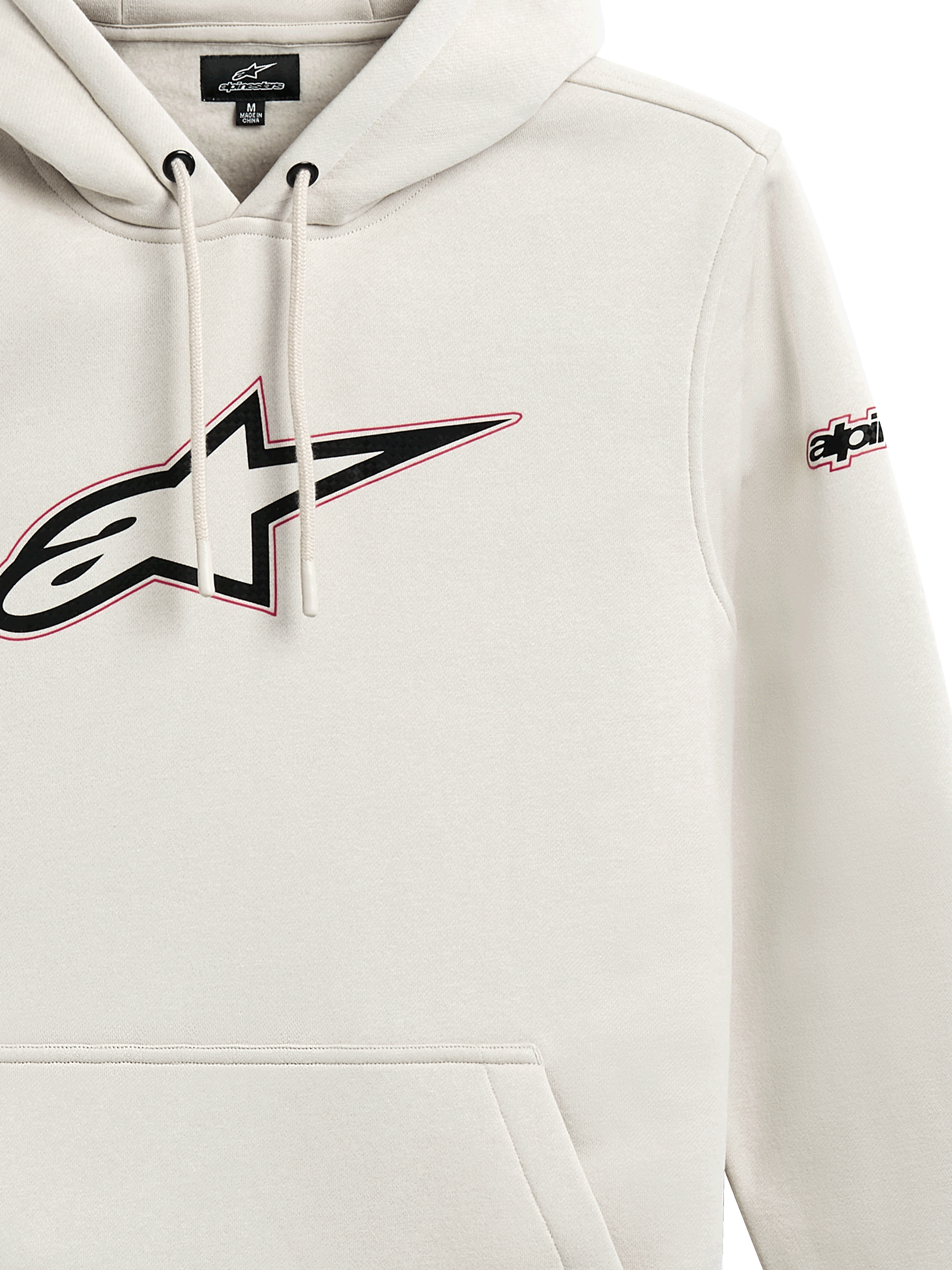 Alpinestars Insignia Hoodie, lässiger Fleece-Kapuzenpullover, Off-White, großes Astars-Logo auf der Brust mit roter Umrandung, Ärmel-Branding, Kapuze mit Kordelzug, Kängurutasche, Motorsport-inspiriertes Design
