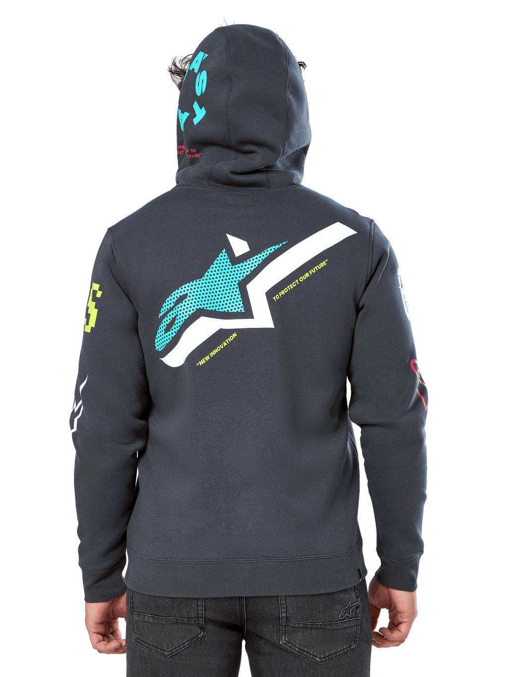 Alpinestars Variegate Hoodie, Rückansicht, Gunmetal Grau, großes blaugrünes und weißes Astars-Logo auf dem Rücken mit „New Innovation“-Schriftzug, blaugrüne „Astars“-Grafik auf der Kapuze, bunte Ärmellogos, lässige Motorsport-Streetwear