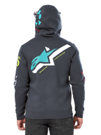 Alpinestars Variegate Hoodie, Rückansicht, Gunmetal Grau, großes blaugrünes und weißes Astars-Logo auf dem Rücken mit „New Innovation“-Schriftzug, blaugrüne „Astars“-Grafik auf der Kapuze, bunte Ärmellogos, lässige Motorsport-Streetwear