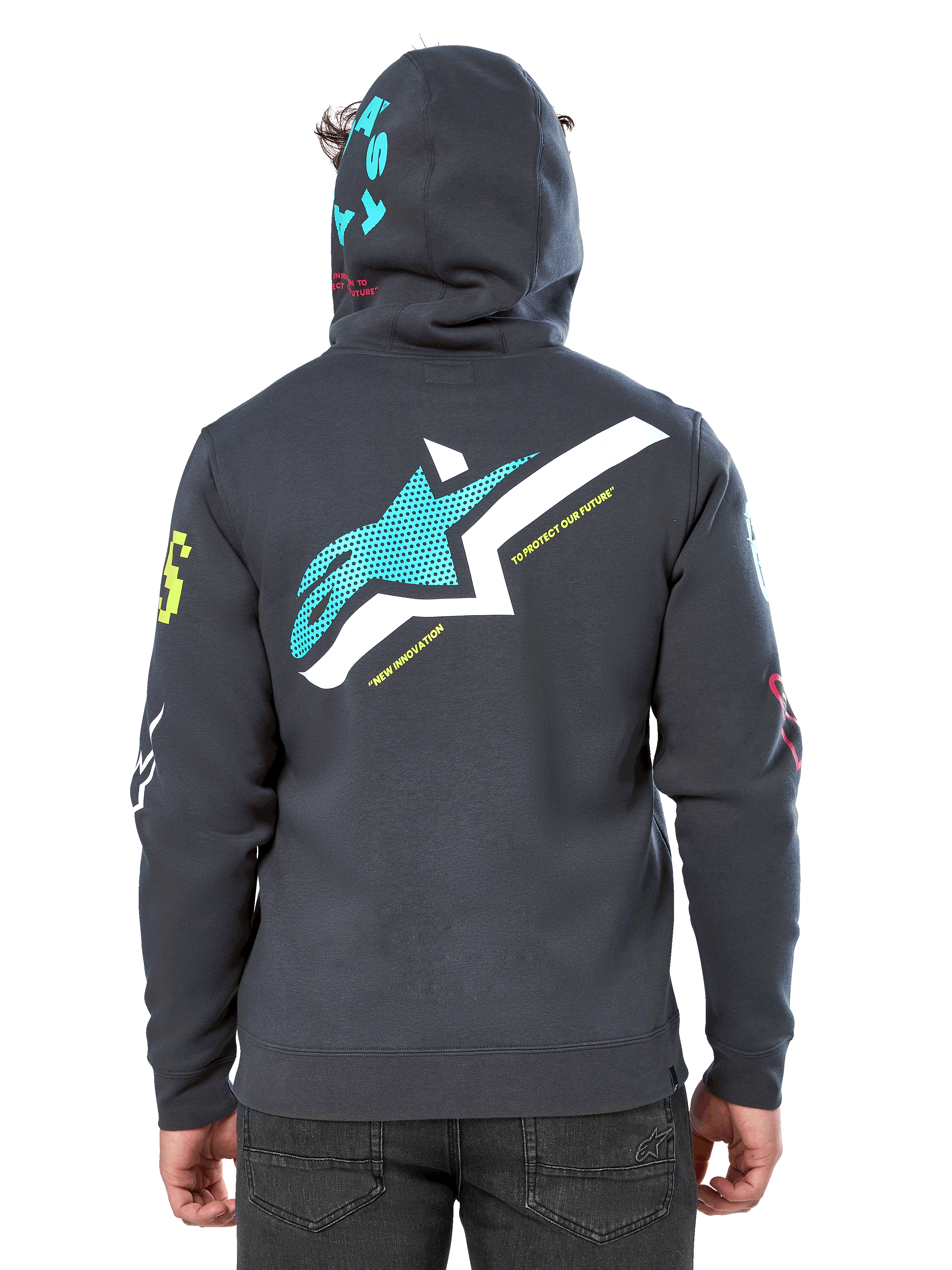 Alpinestars Variegate Hoodie, Rückansicht, Gunmetal Grau, großes blaugrünes und weißes Astars-Logo auf dem Rücken mit „New Innovation“-Schriftzug, blaugrüne „Astars“-Grafik auf der Kapuze, bunte Ärmellogos, lässige Motorsport-Streetwear