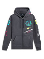 Alpinestars Variegate Hoodie, Fleece-Hoodie mit Reißverschluss, Gunmetal-Grau, leuchtende Neon-Logos auf Brust und Ärmeln, Kängurutasche, Kapuze mit Kordelzug, lässige vom Motorsport inspirierte Streetwear