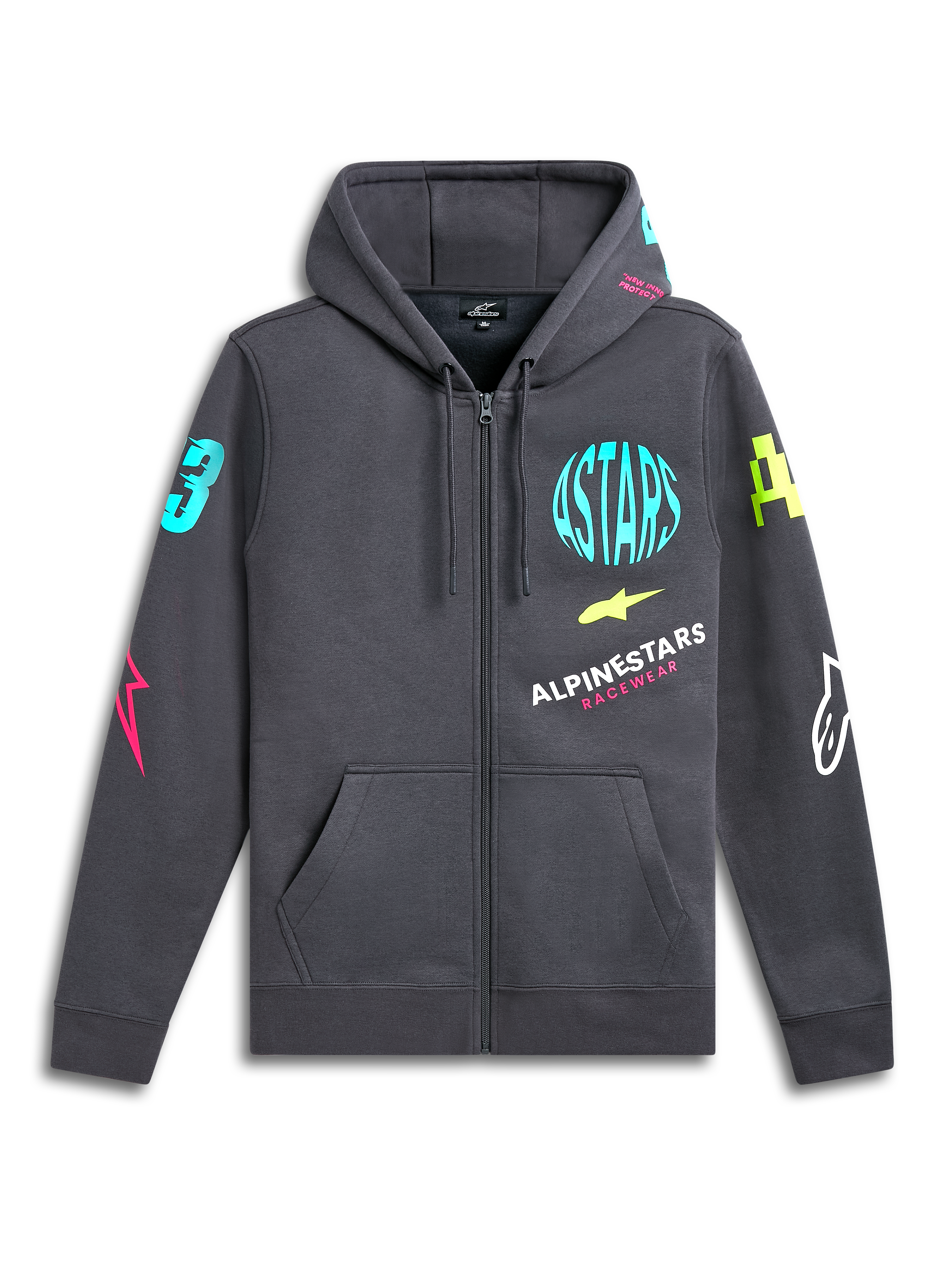 Alpinestars Variegate Hoodie, Fleece-Hoodie mit Reißverschluss, Gunmetal-Grau, leuchtende Neon-Logos auf Brust und Ärmeln, Kängurutasche, Kapuze mit Kordelzug, lässige vom Motorsport inspirierte Streetwear